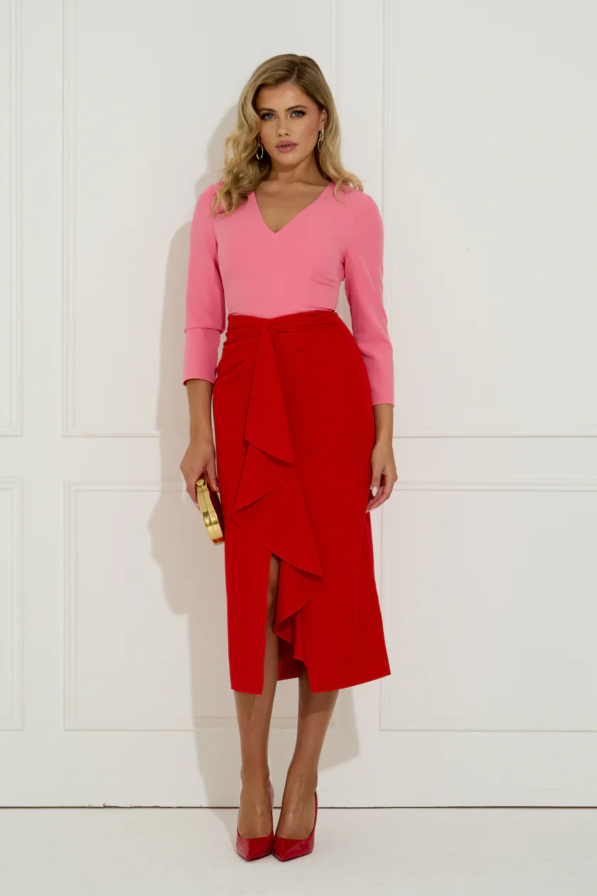 Carmen Frill Midi Dress (Red/Pink) - Image 6