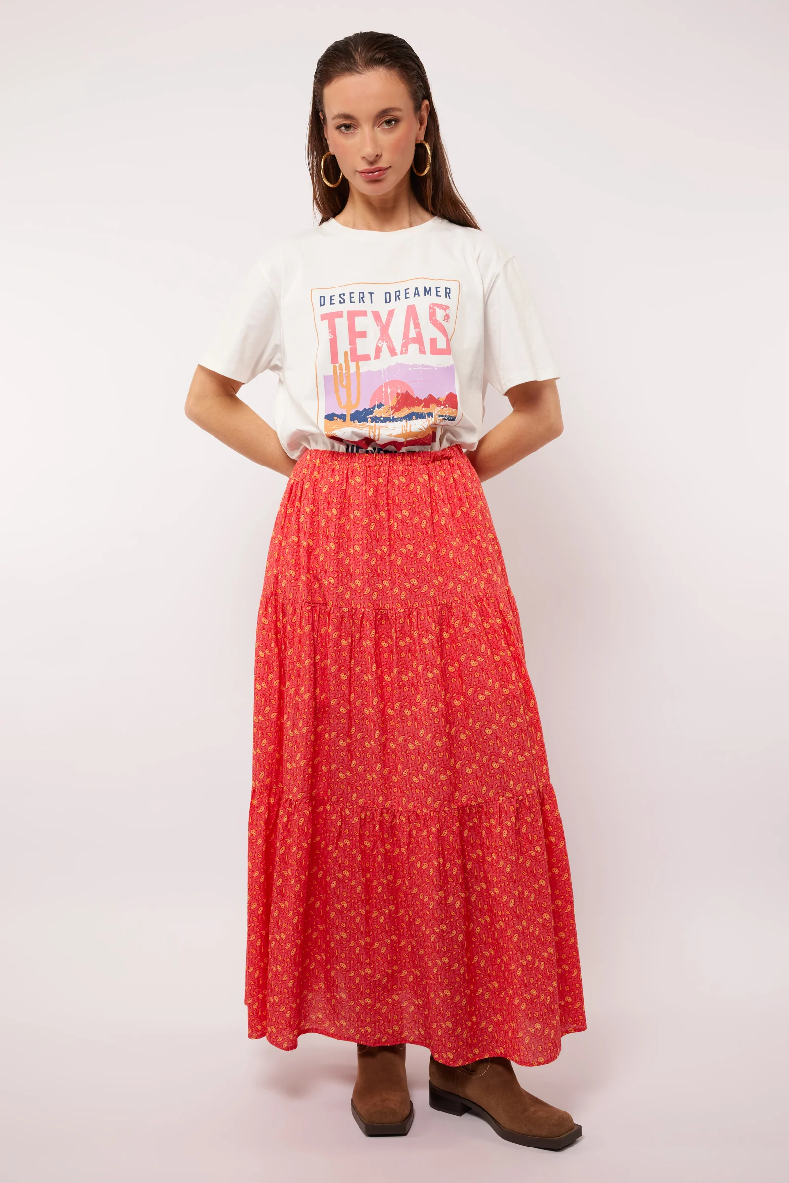 Cassidy Elasticated Waist Maxi Skirt (Sunkissed Coral/ Terra)