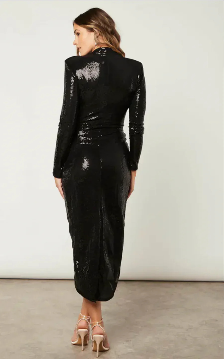 Christina Sequin Faux Wrap Midi Dress (Black) - Image 4