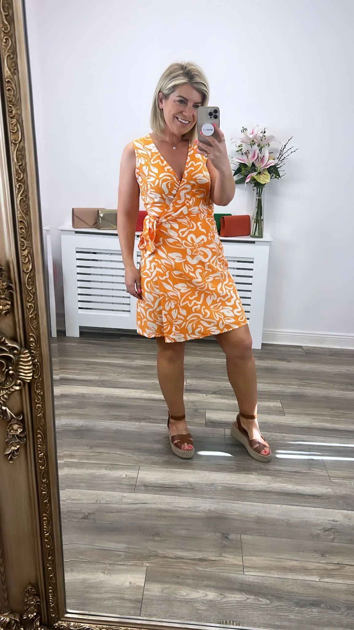 CLARISA WRAP LINEN DRESS (FLAME ORANGE/CREAM) - Image 2