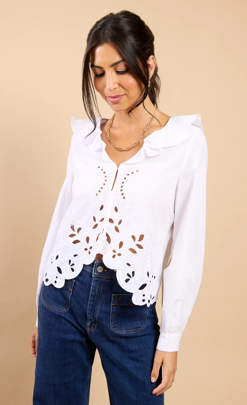 Clea Broderie Frill Top (White) - Image 4