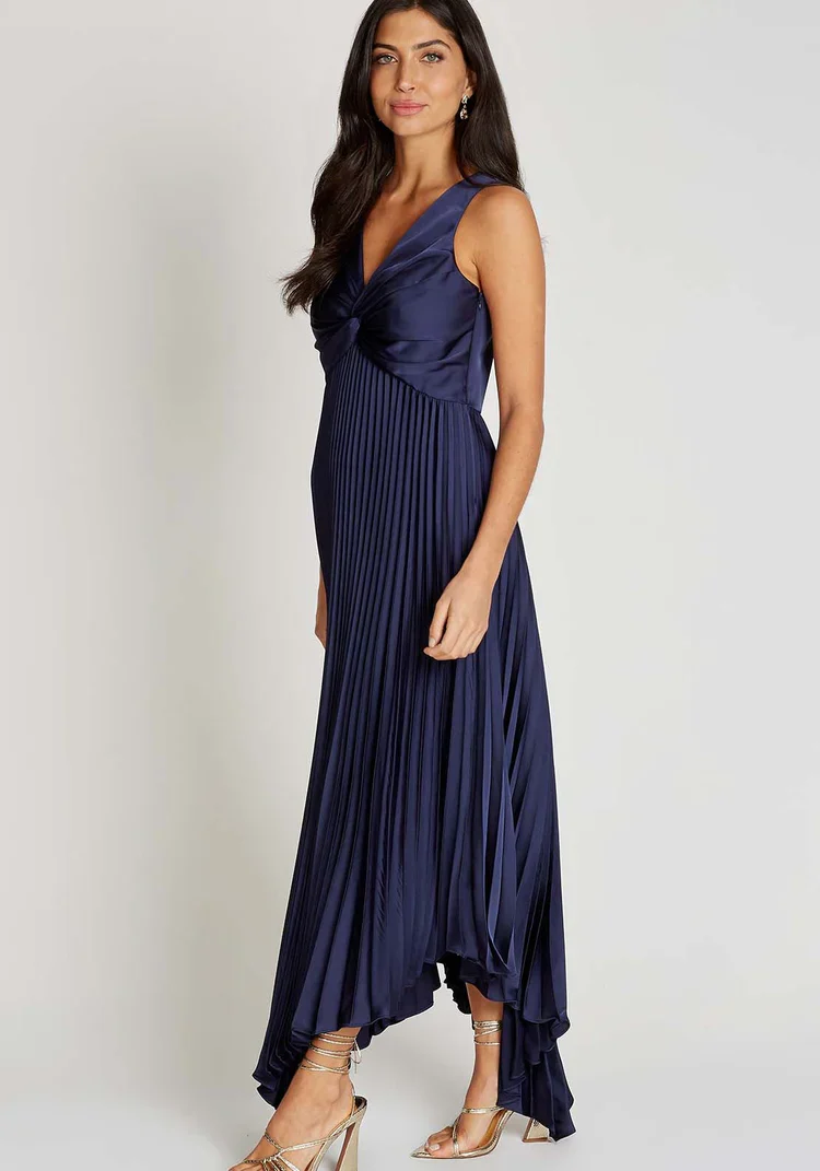 Cliona Satin Pleated Midi Dress (Navy) - Image 2
