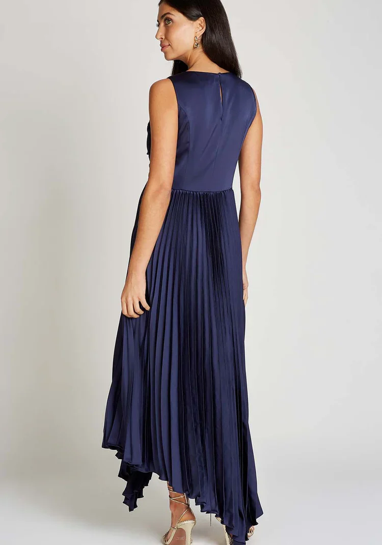 Cliona Satin Pleated Midi Dress (Navy) - Image 4