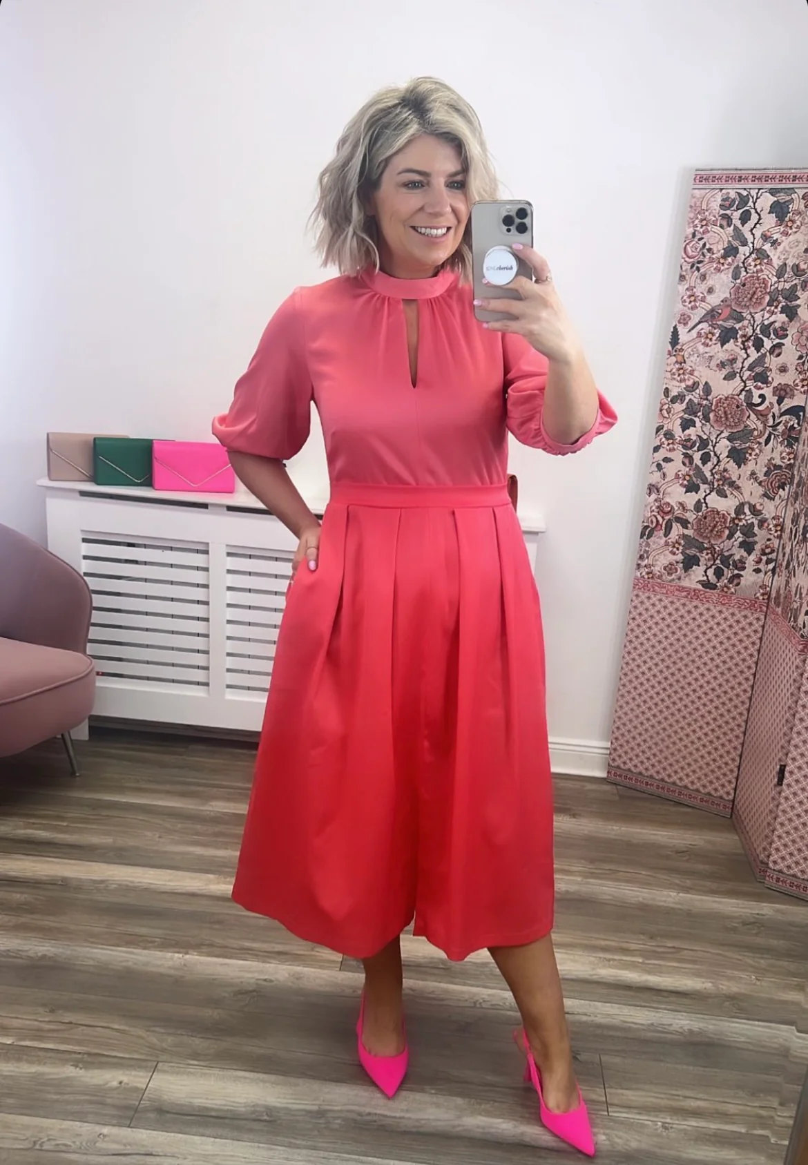 Cora 2-in-1 Puff Sleeve Midi Dress (Coral) - Image 2