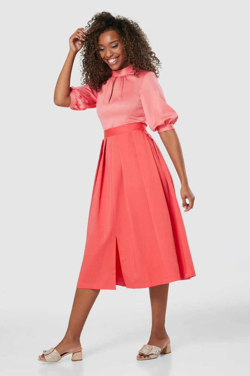 Cora 2-in-1 Puff Sleeve Midi Dress (Coral) - Image 3