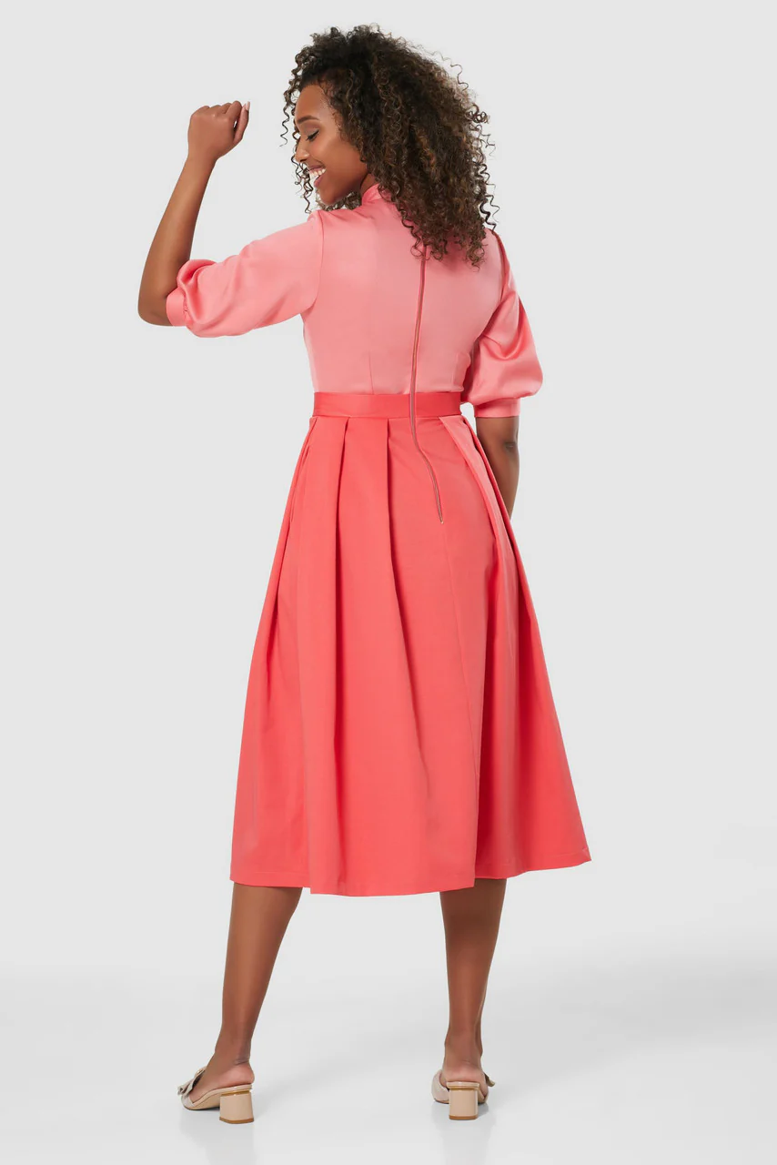 Cora 2-in-1 Puff Sleeve Midi Dress (Coral) - Image 5