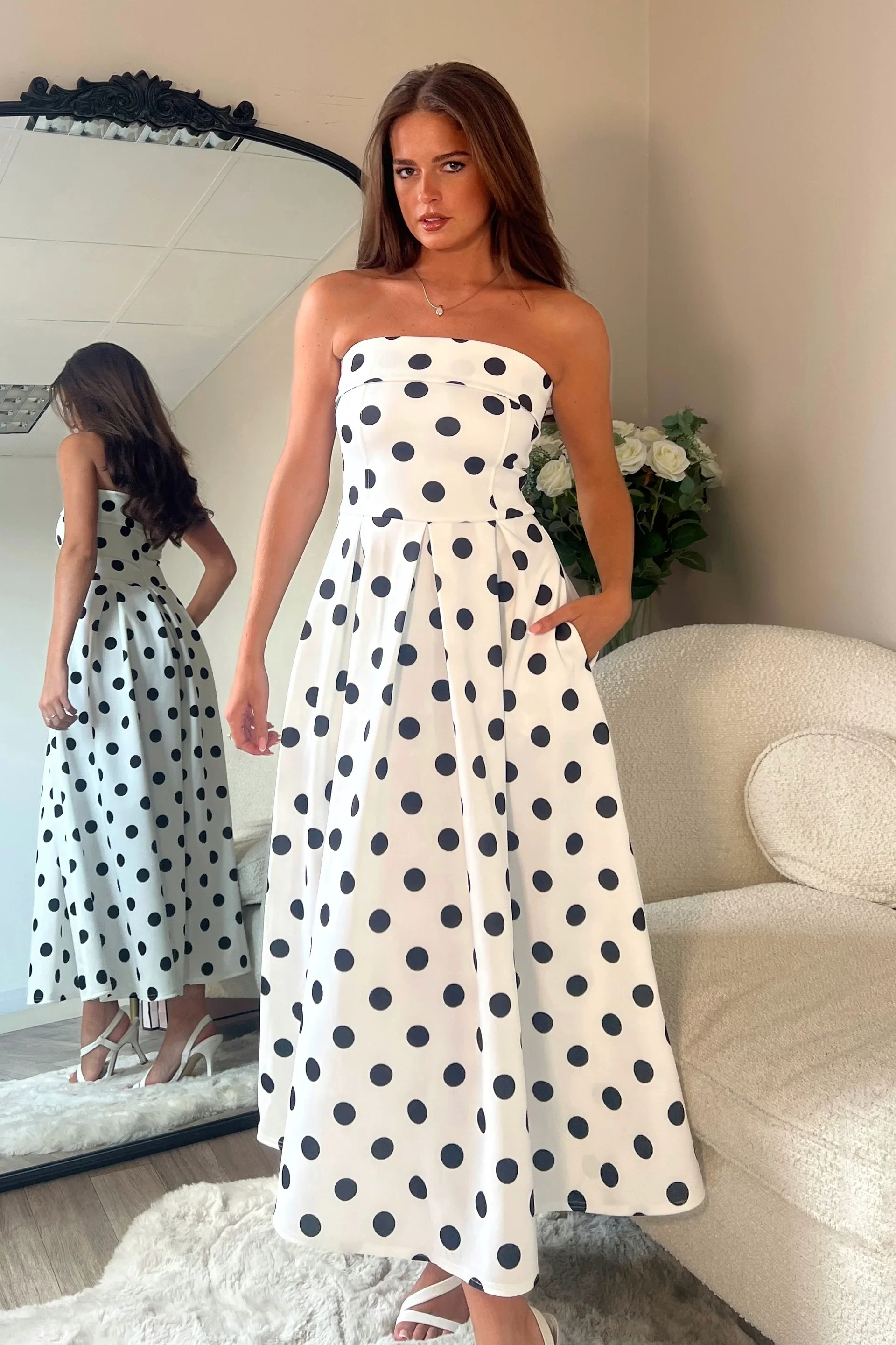 Danni Strapless Bandeau Midi Dress (Spot Print) - Image 2