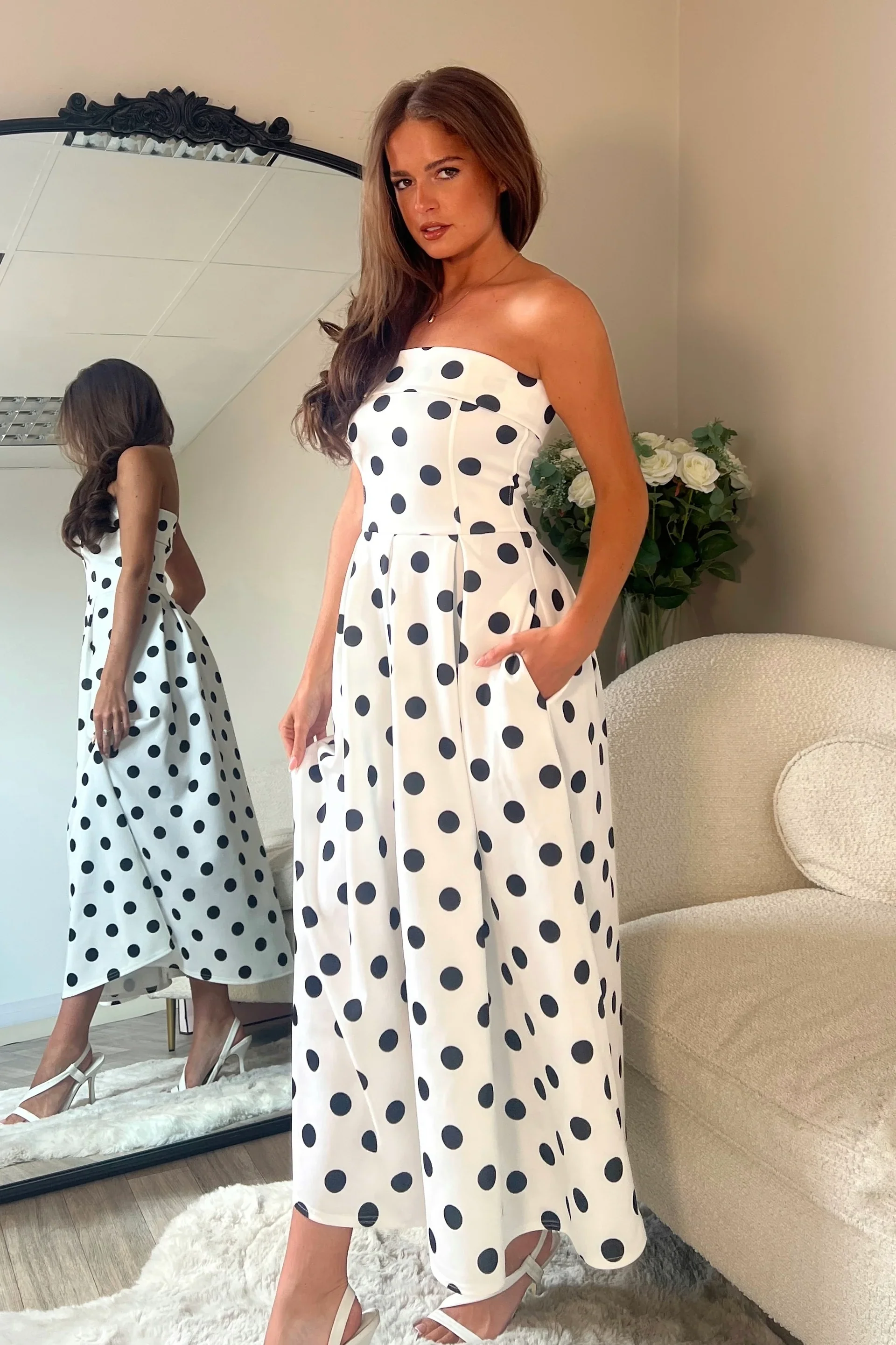 Danni Strapless Bandeau Midi Dress (Spot Print) - Image 3