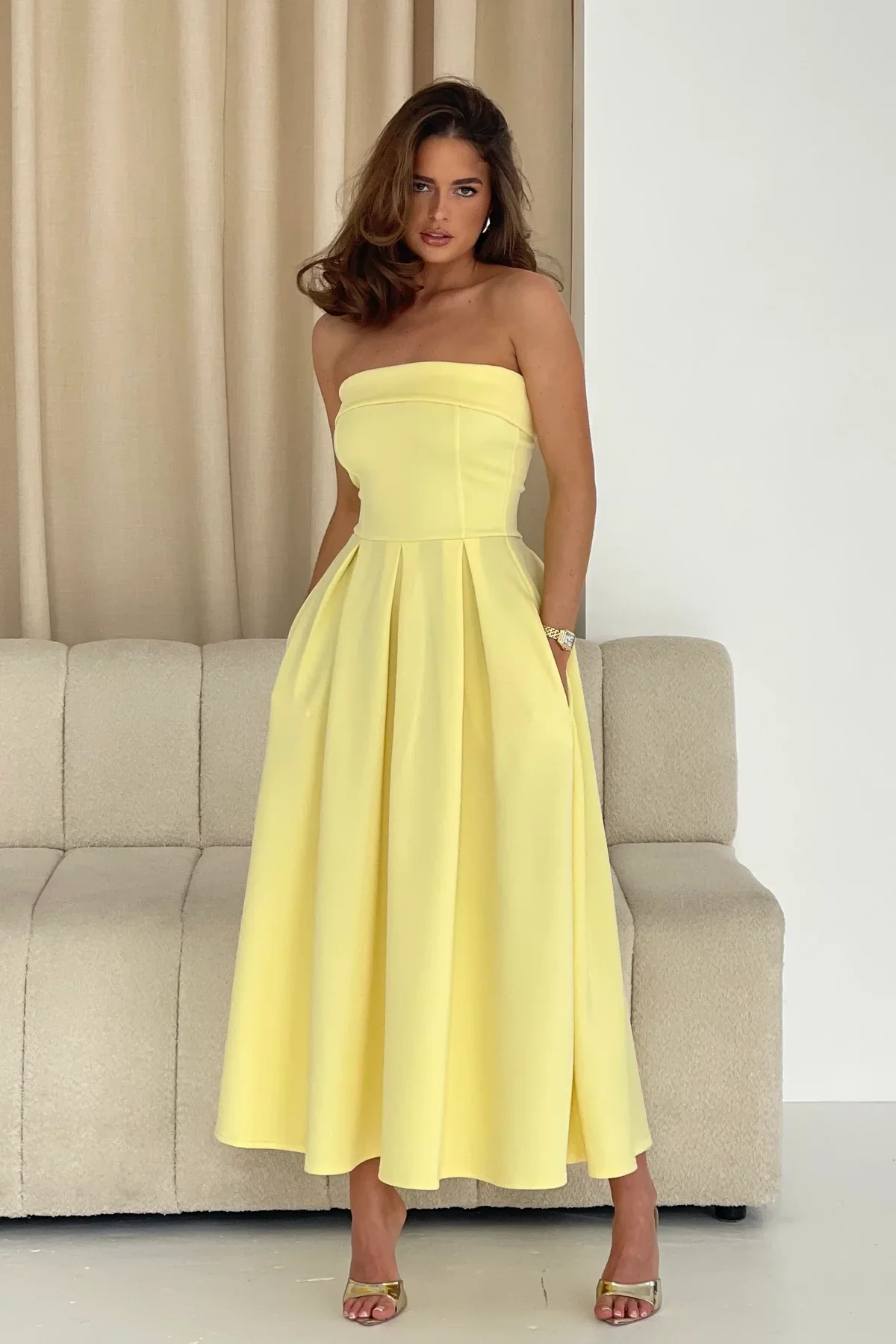 Danni Strapless Bandeau Midi Dress (Yellow) - Image 2