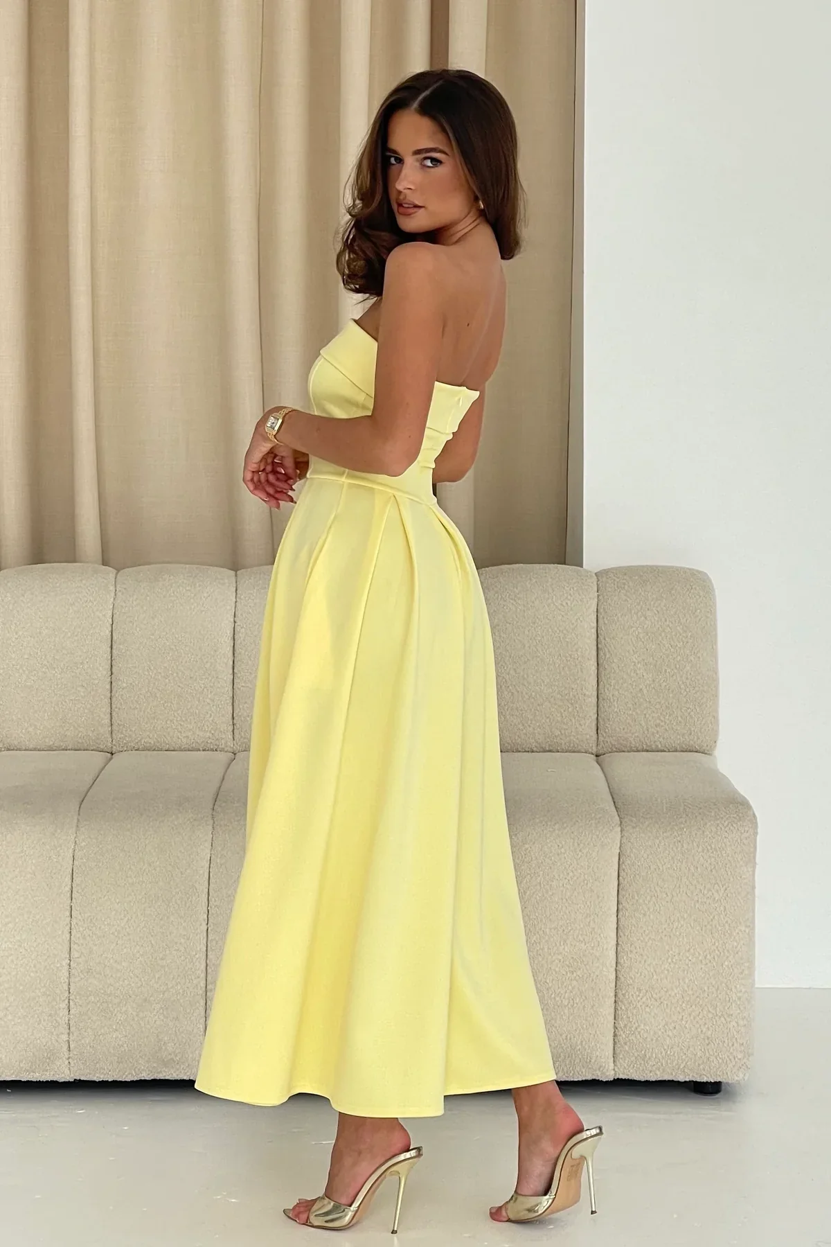 Danni Strapless Bandeau Midi Dress (Yellow) - Image 3