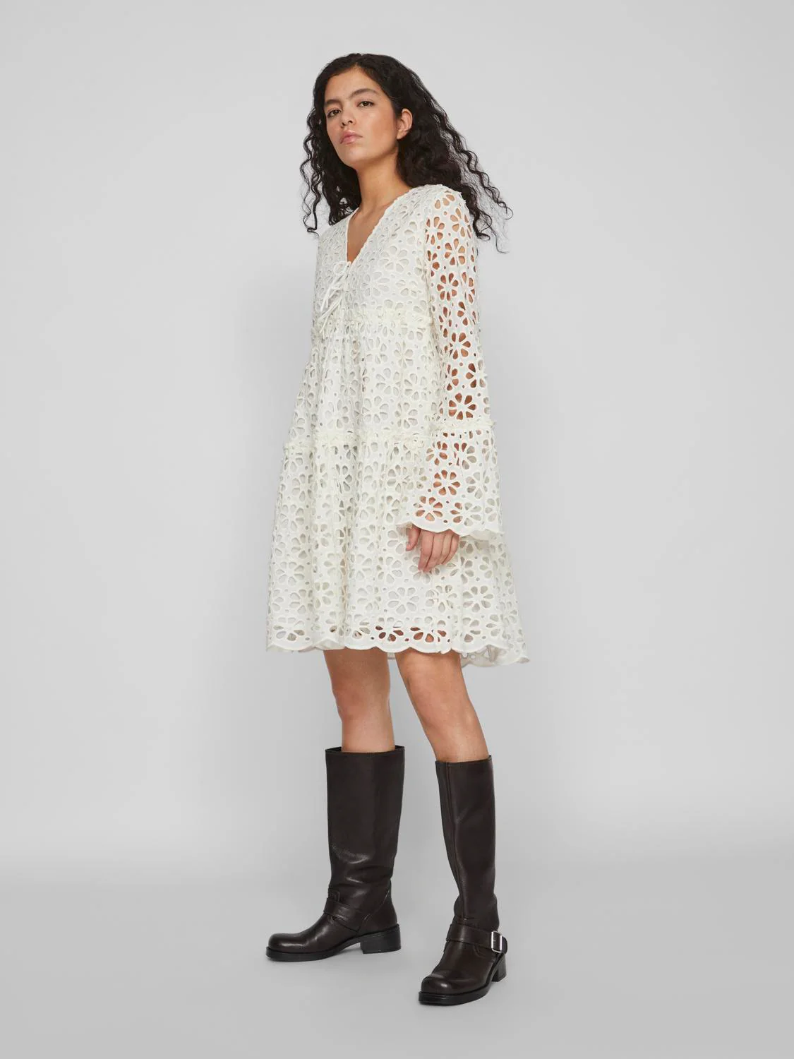 Dawn Broderie Anglaise Long Sleeve Mini Dress (White) - Image 2