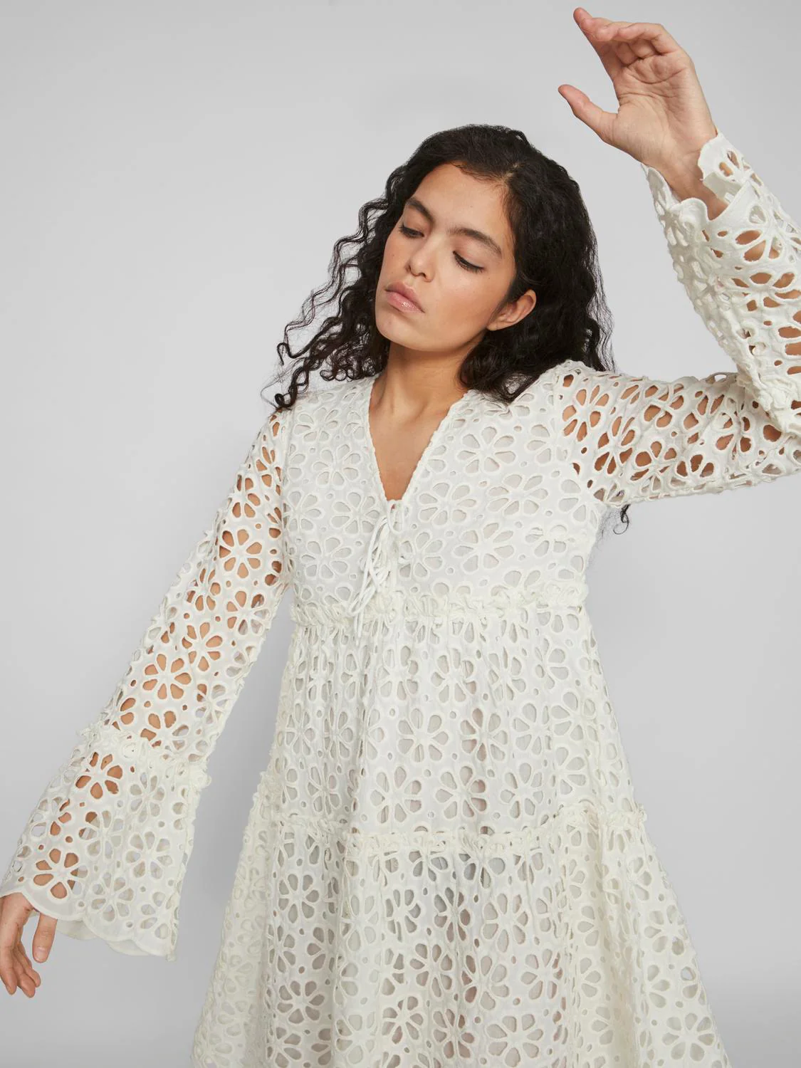 Dawn Broderie Anglaise Long Sleeve Mini Dress (White) - Image 3