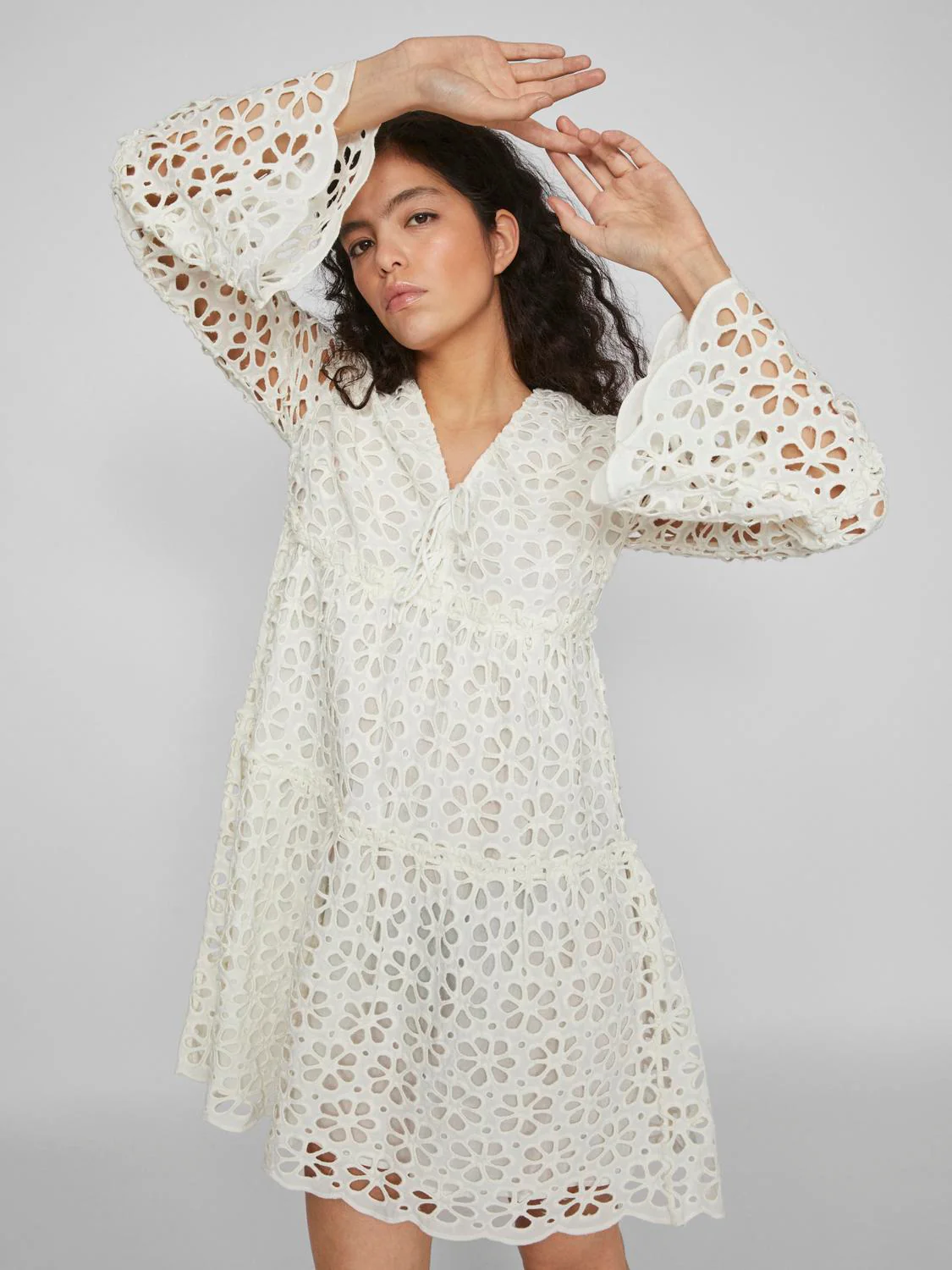Dawn Broderie Anglaise Long Sleeve Mini Dress (White) - Image 4