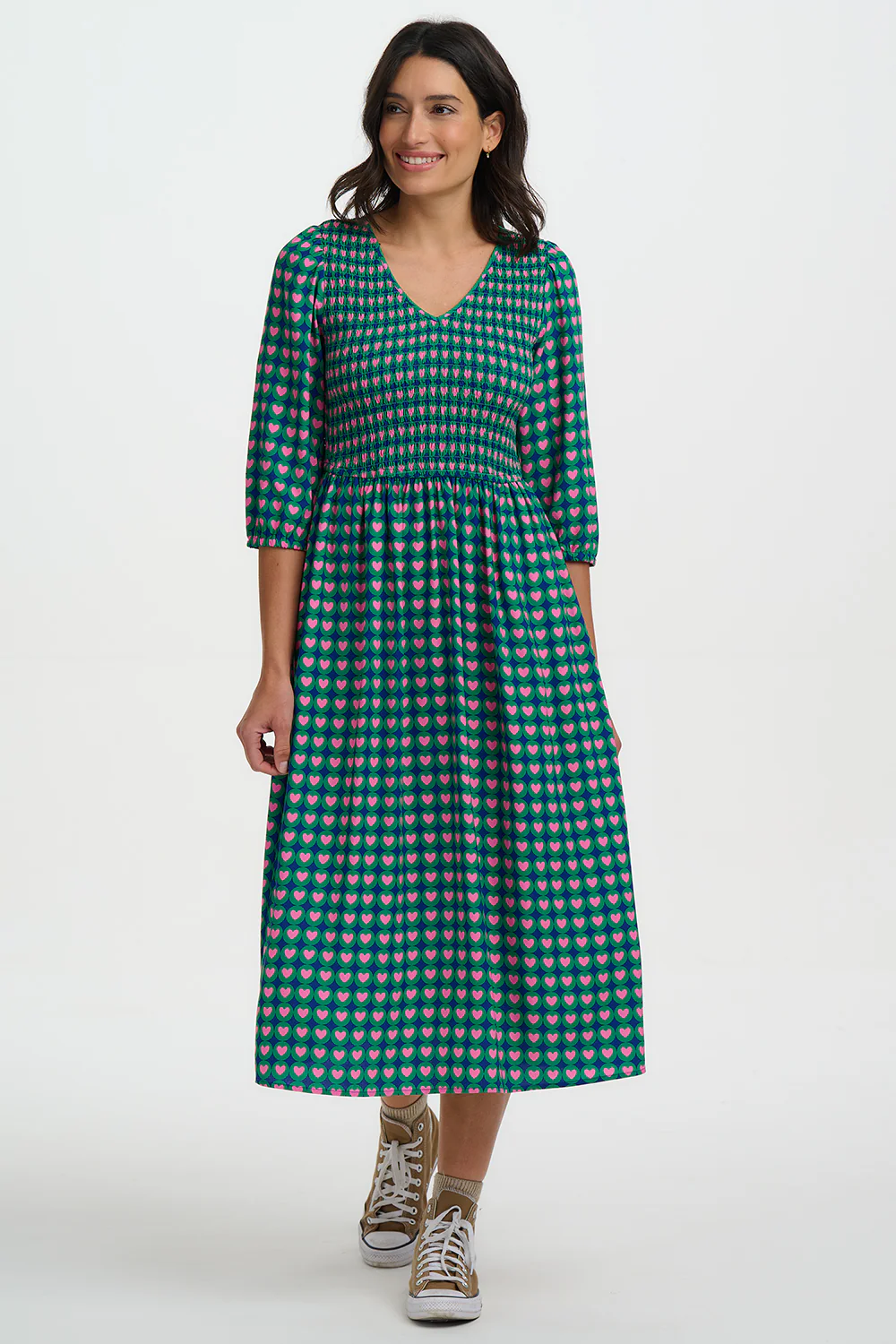 Della Shirred Midi Dress (Green/Heart Tile) - Image 3