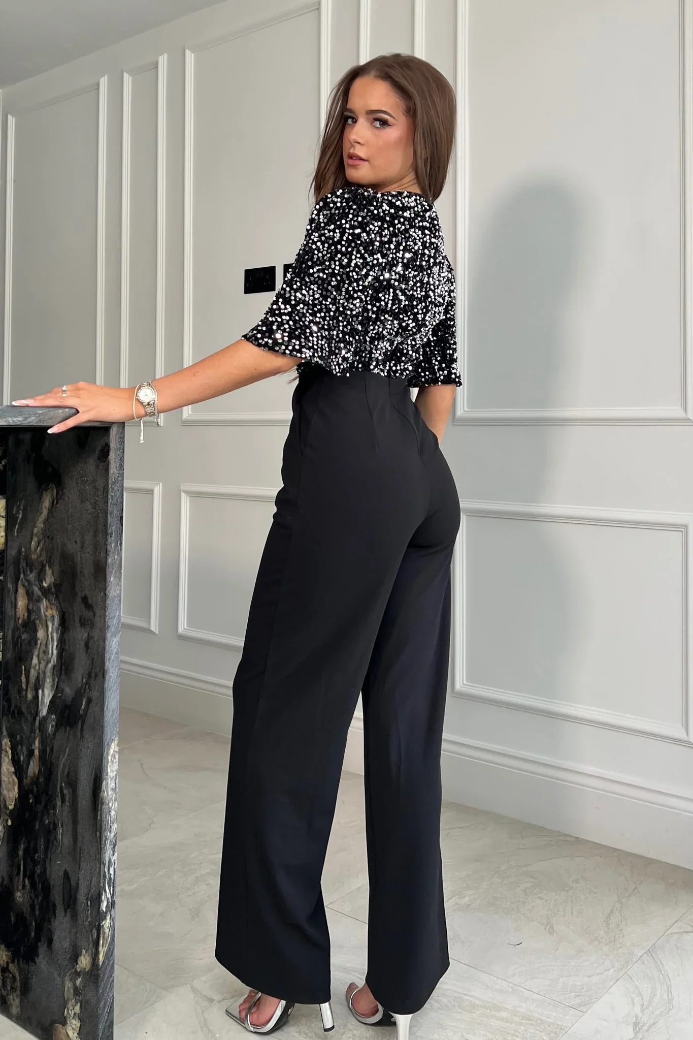 Delphine Silver Sequin Top Wide Leg Jumpsuit (Black) - Image 4