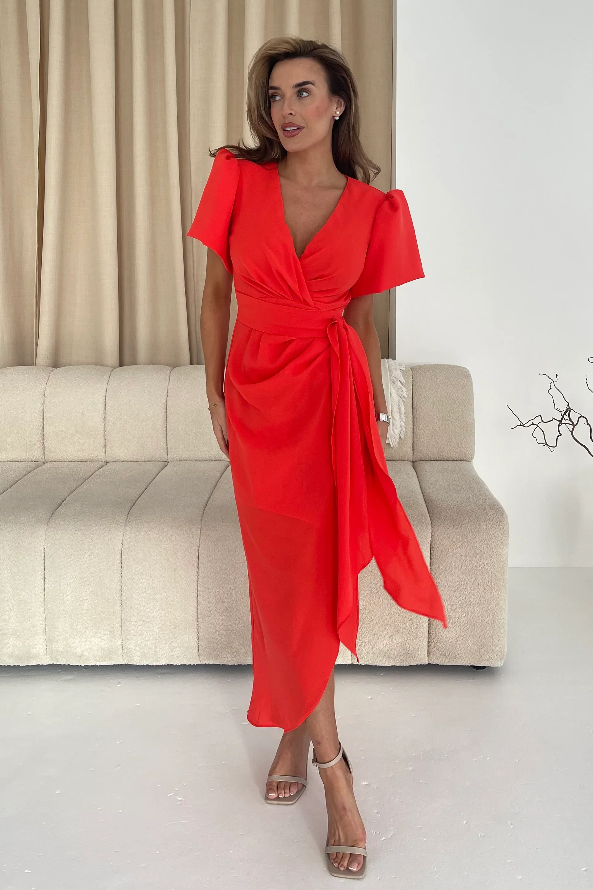 Drew Puff Sleeve Midi Dress (Orange) - Image 2