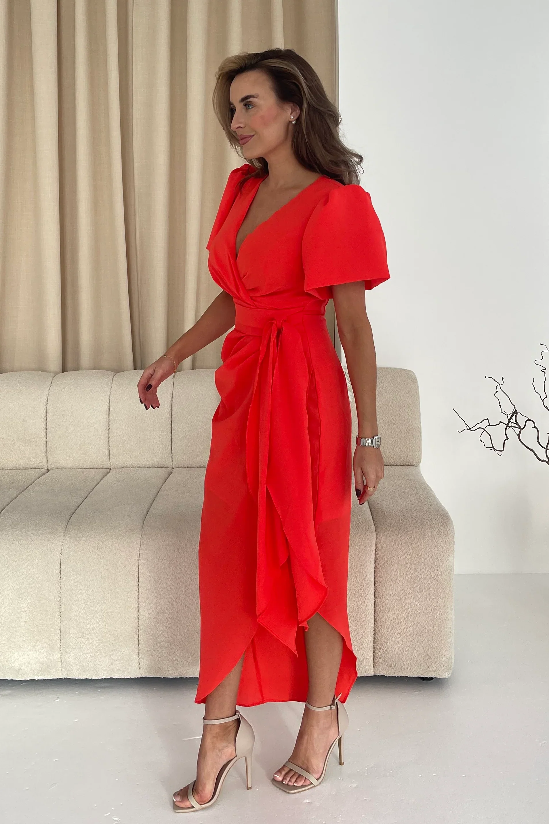 Drew Puff Sleeve Midi Dress (Orange) - Image 3