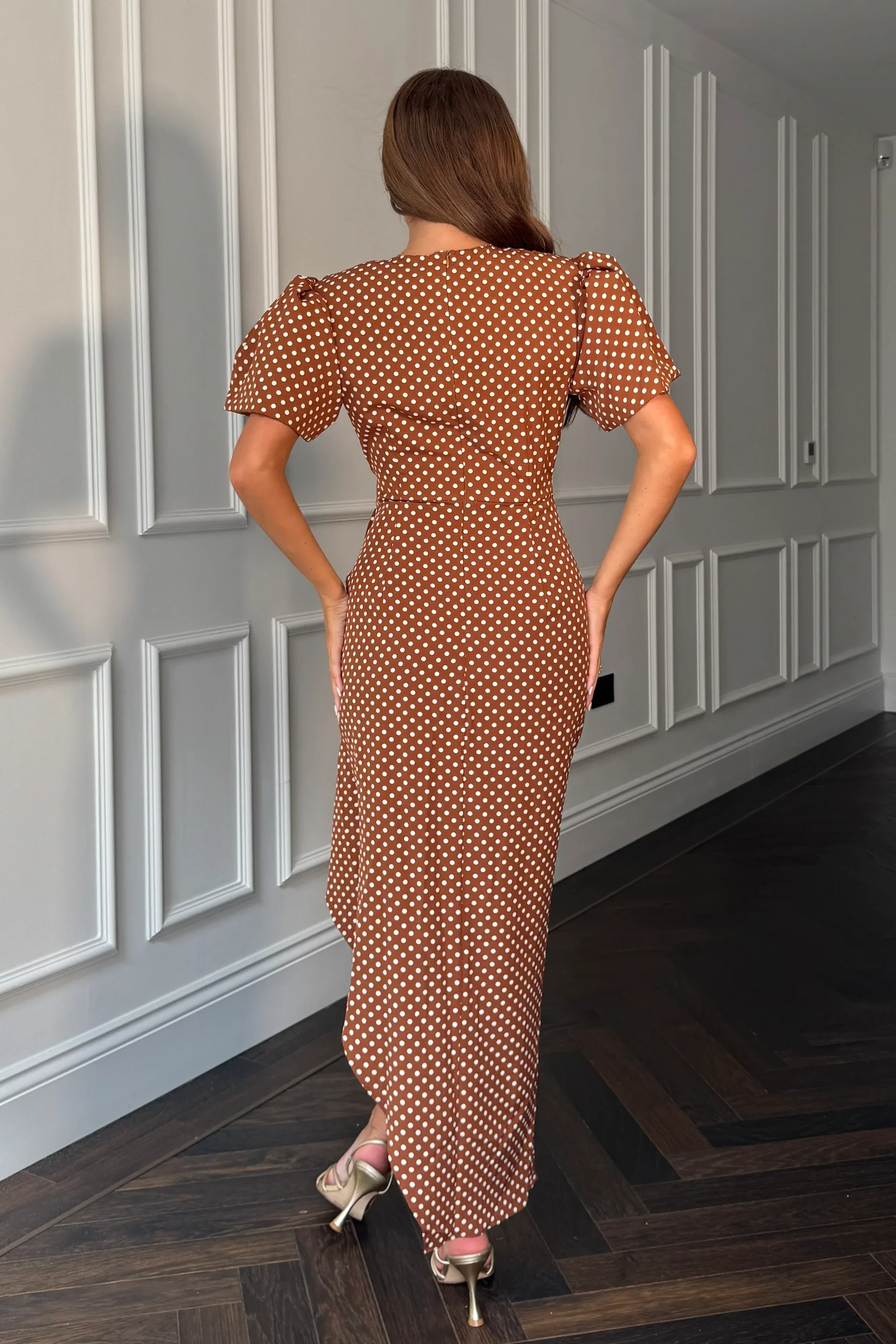 Drew Puff Sleeve Wrap Front Midi Dress (Brown) - Image 2