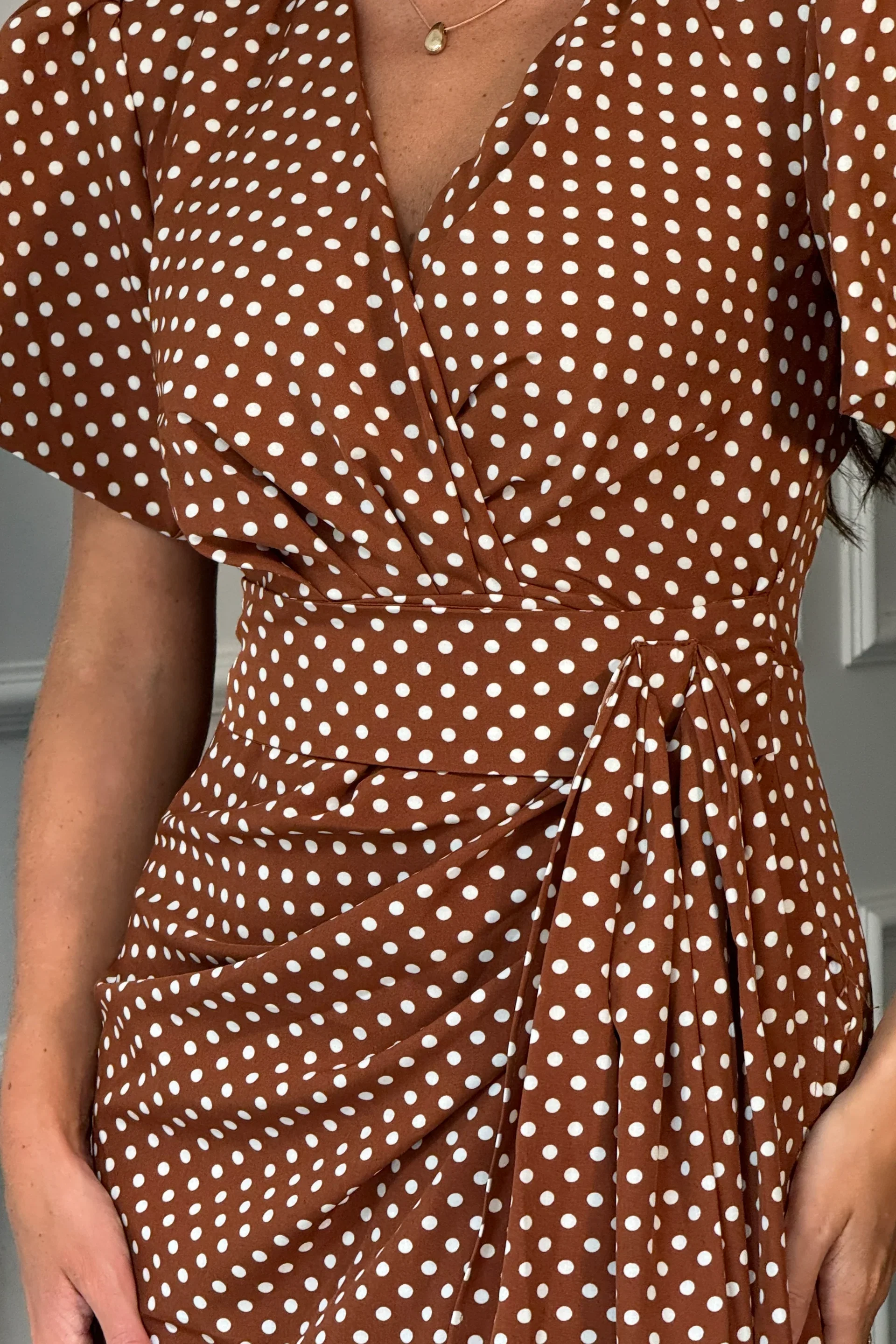 Drew Puff Sleeve Wrap Front Midi Dress (Brown) - Image 3