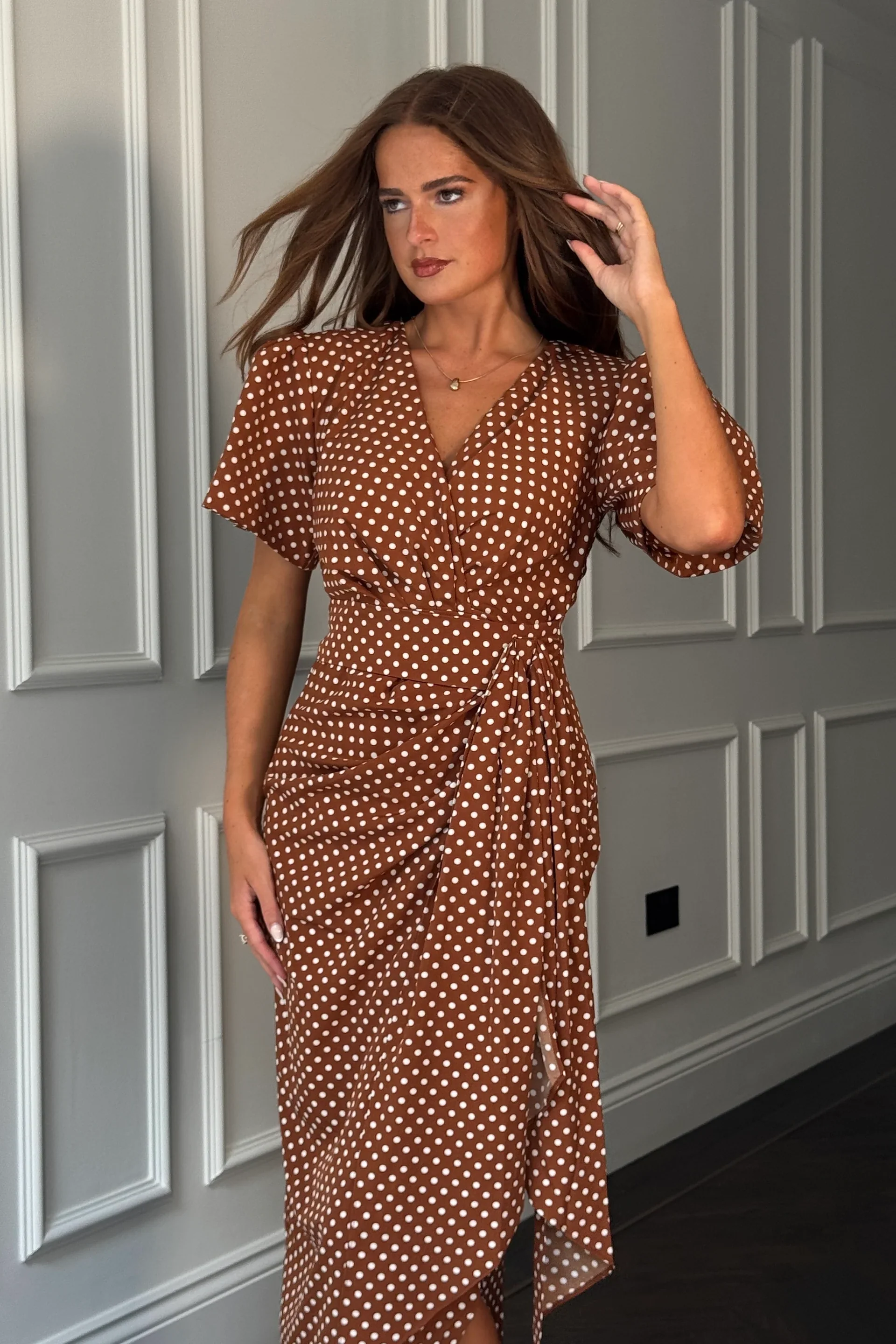 Drew Puff Sleeve Wrap Front Midi Dress (Brown) - Image 4