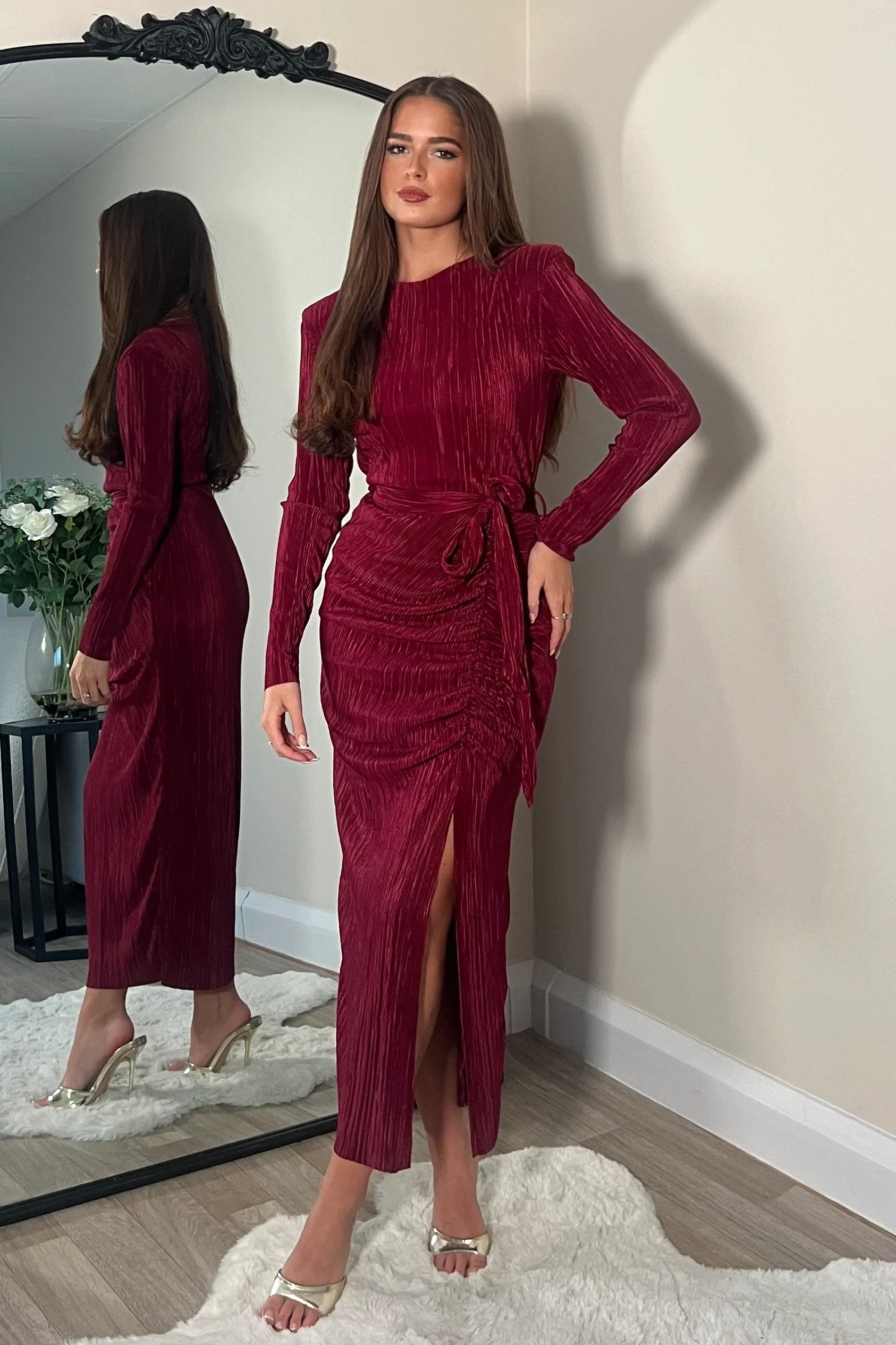 Elena Long Sleeve Ruched Seamed Midi Dress (Wine)