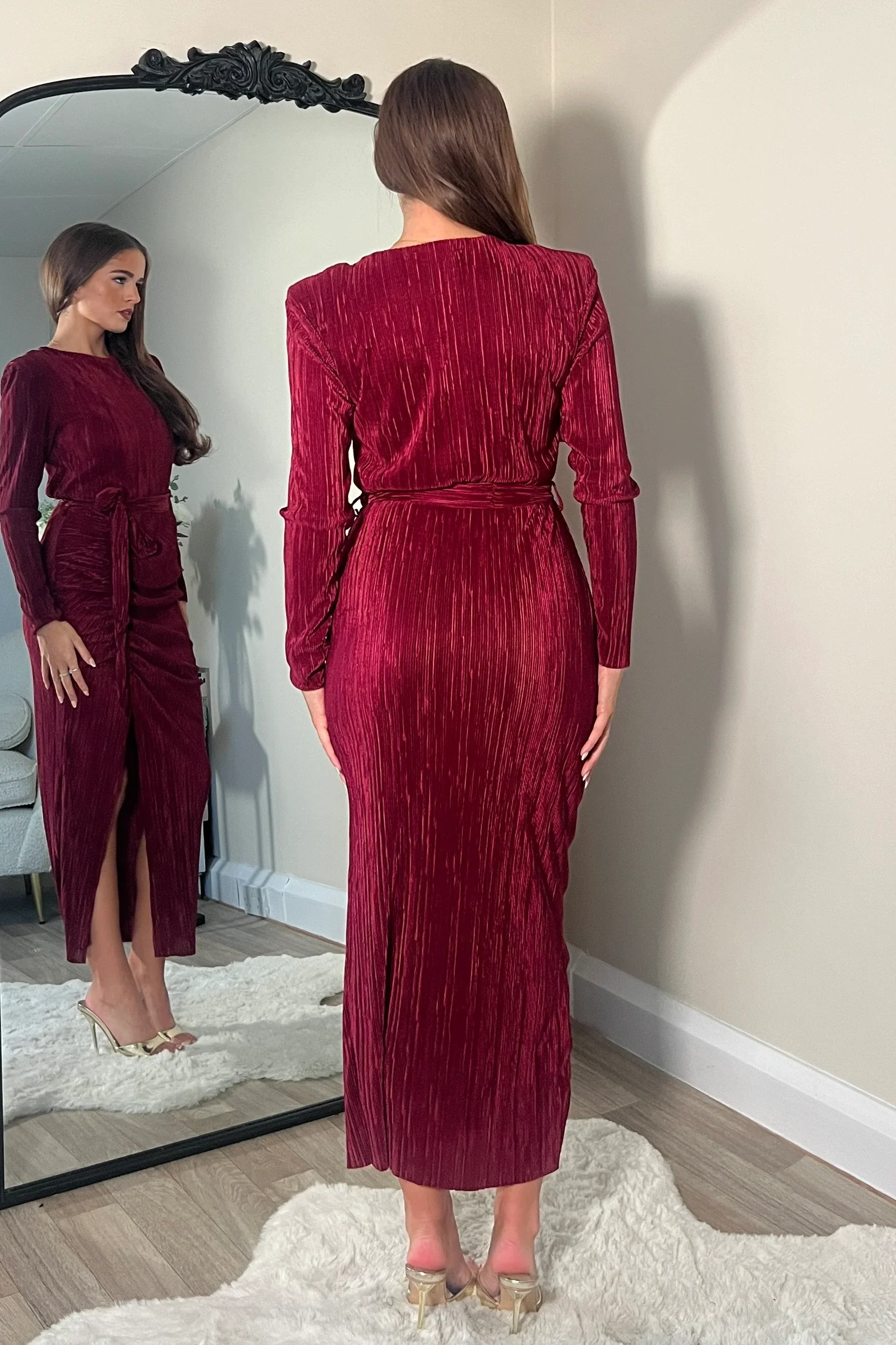 Elena Long Sleeve Ruched Seamed Midi Dress (Wine) - Image 2