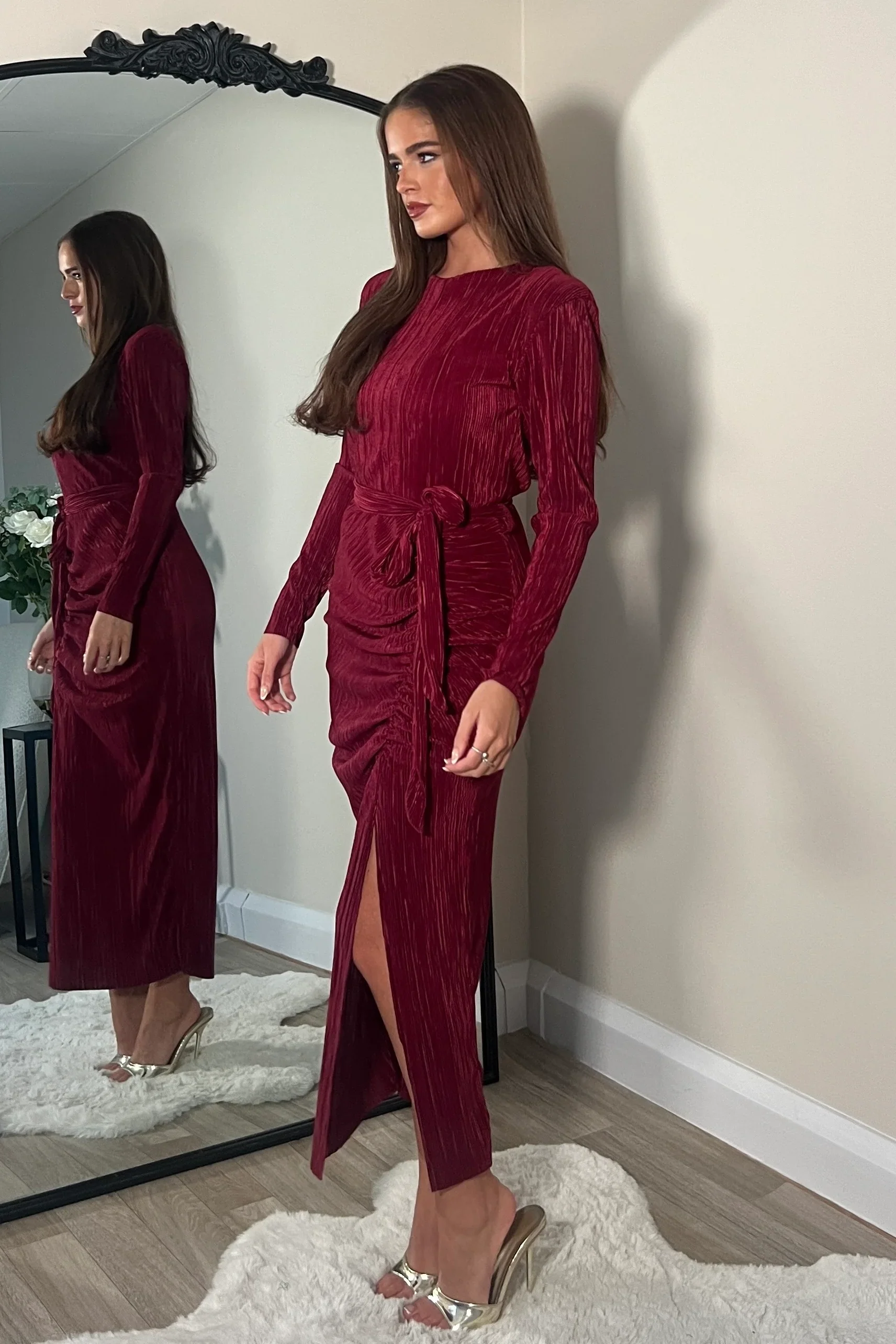Elena Long Sleeve Ruched Seamed Midi Dress (Wine) - Image 3