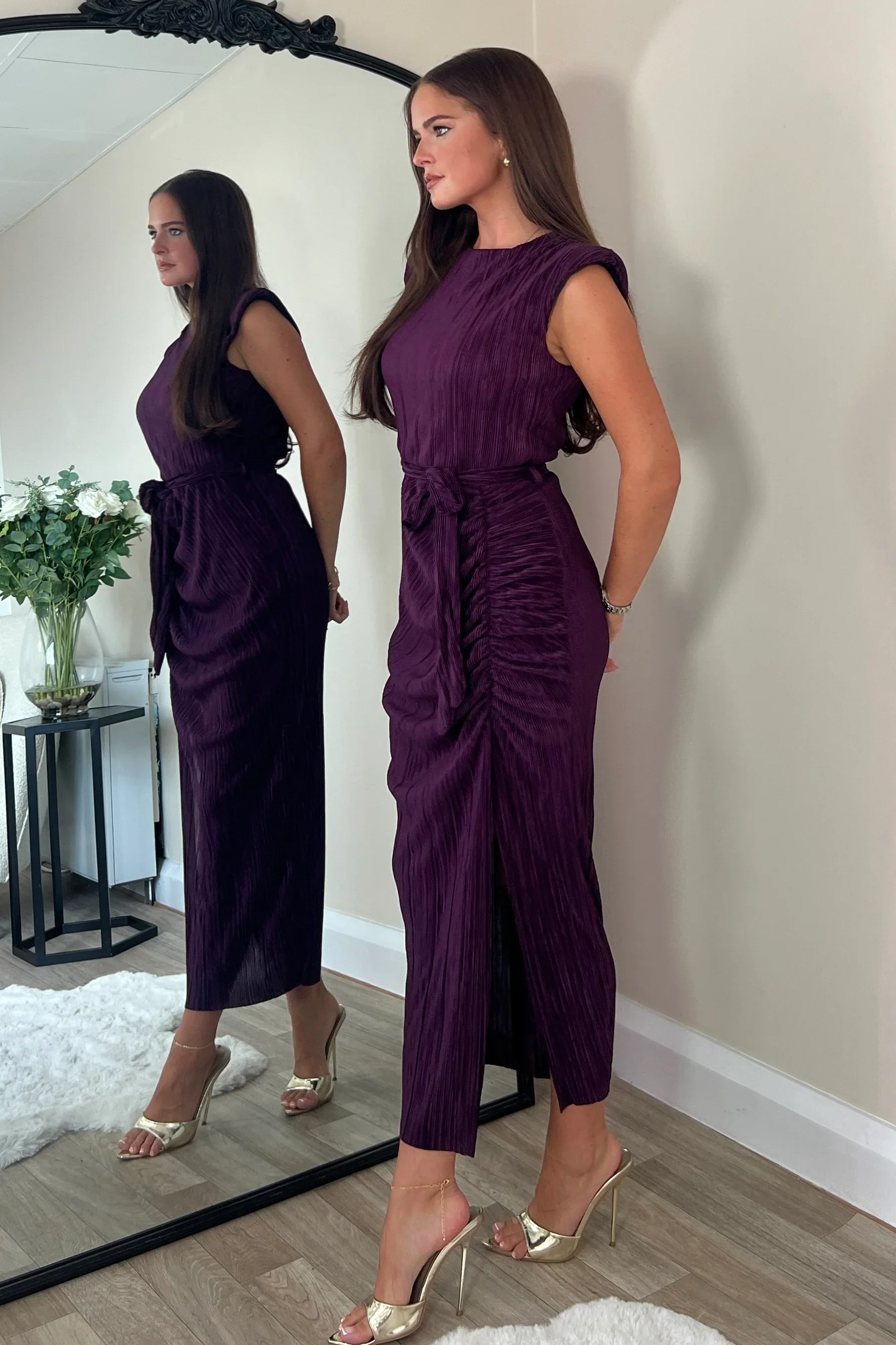 Elena Ruched Seamed Midi Dress (Purple) - Image 2