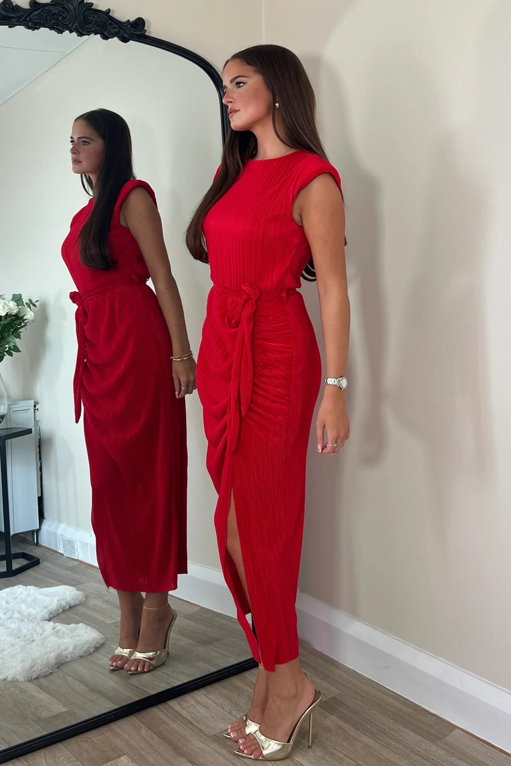 Elena Ruched Seamed Midi Dress (Red) - Image 2