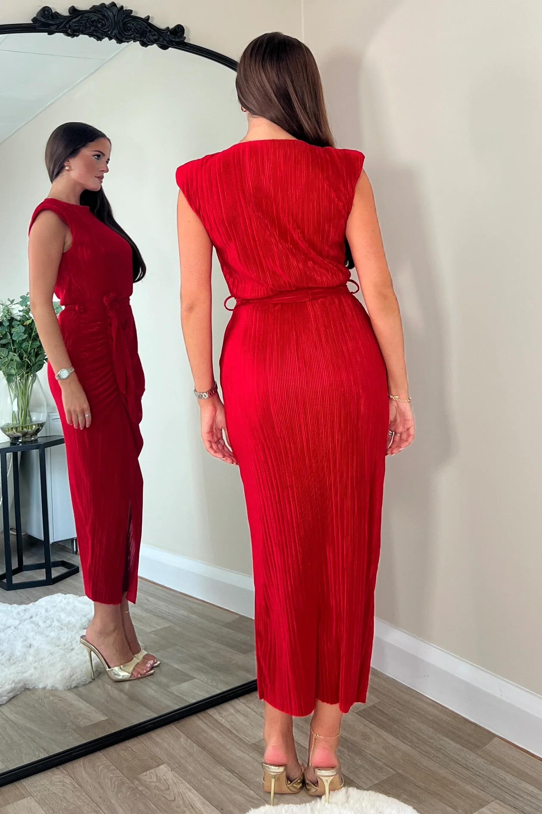 Elena Ruched Seamed Midi Dress (Red) - Image 4