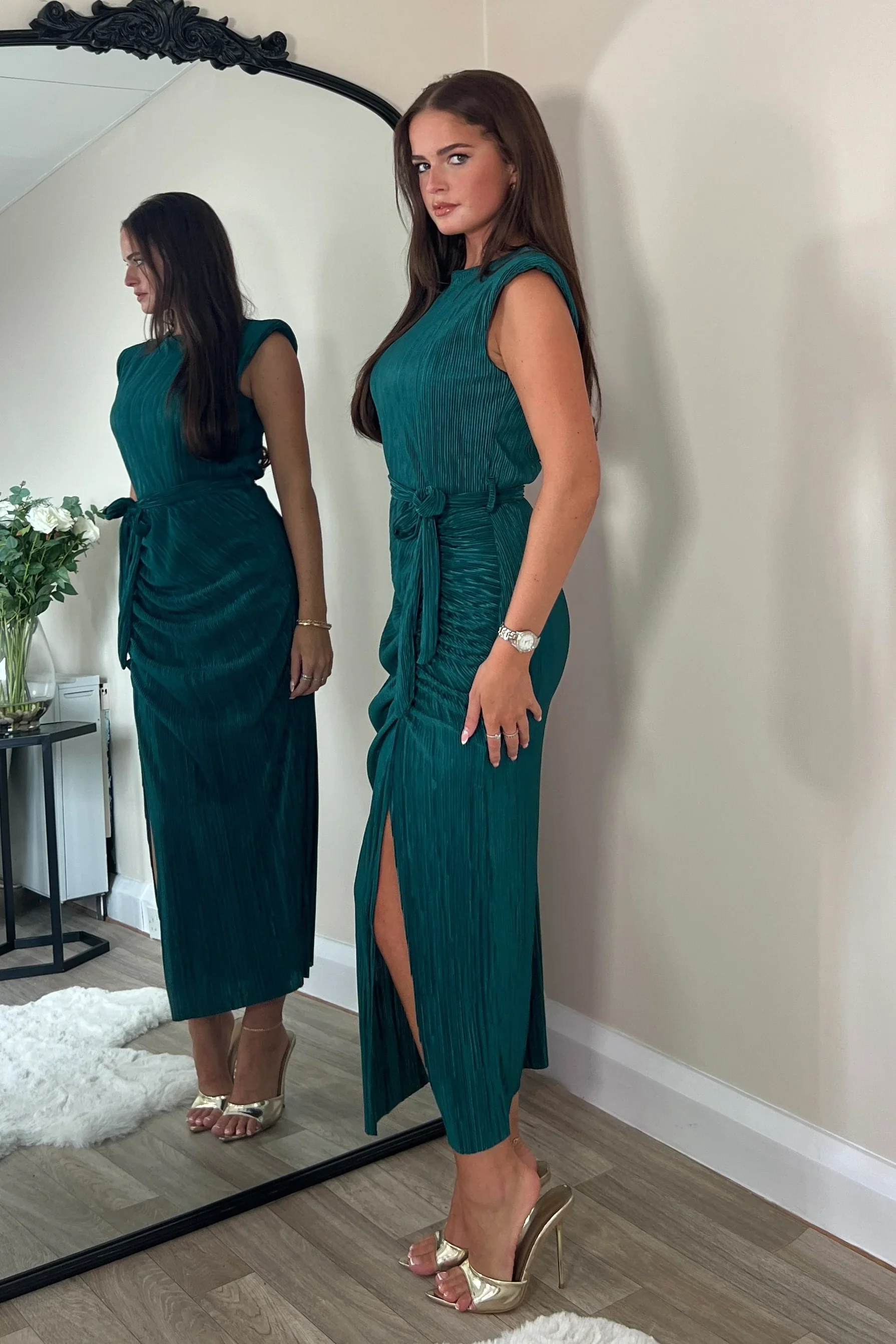 Elena Ruched Seamed Midi Dress (Teal) - Image 2