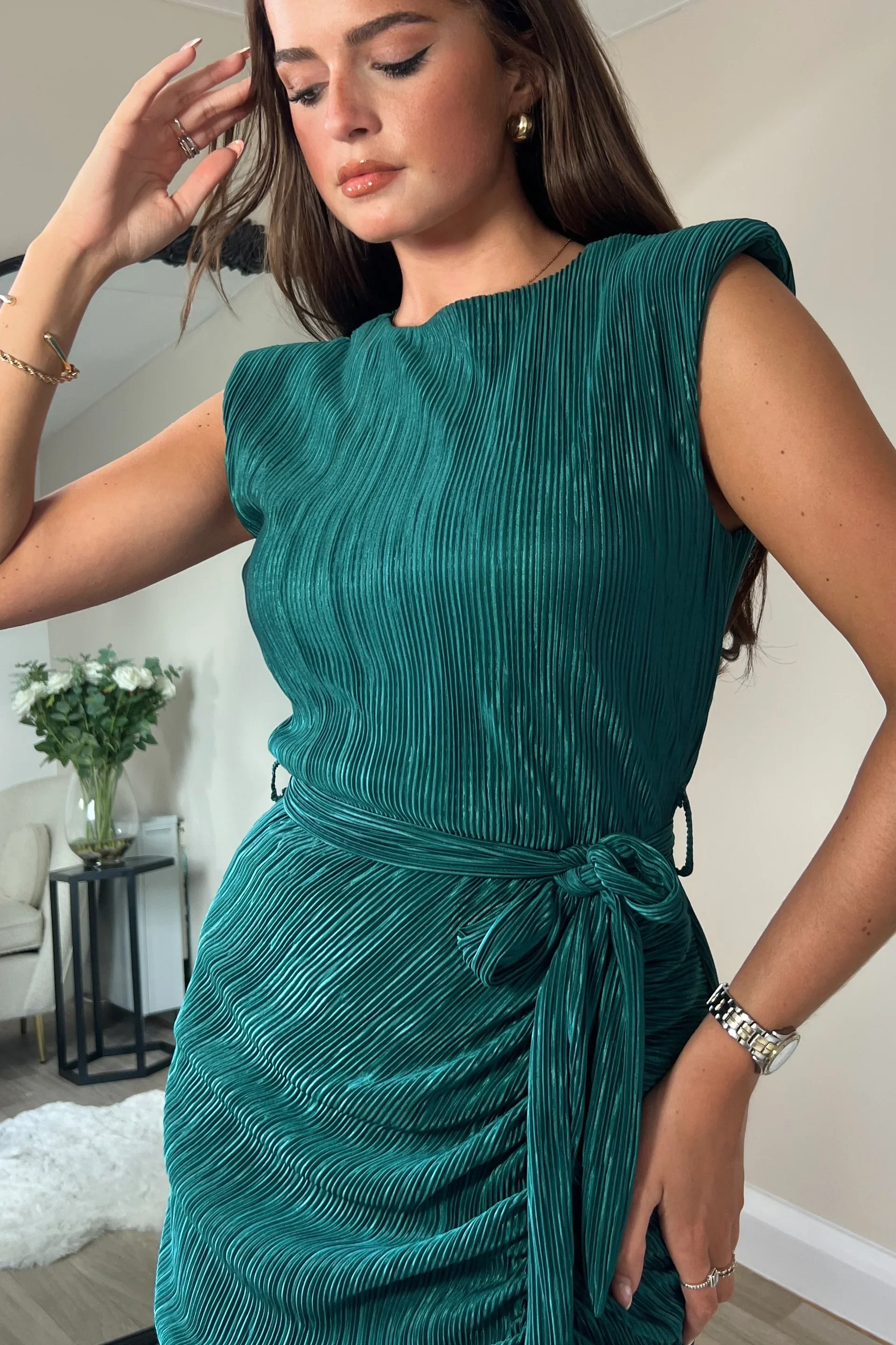 Elena Ruched Seamed Midi Dress (Teal) - Image 3
