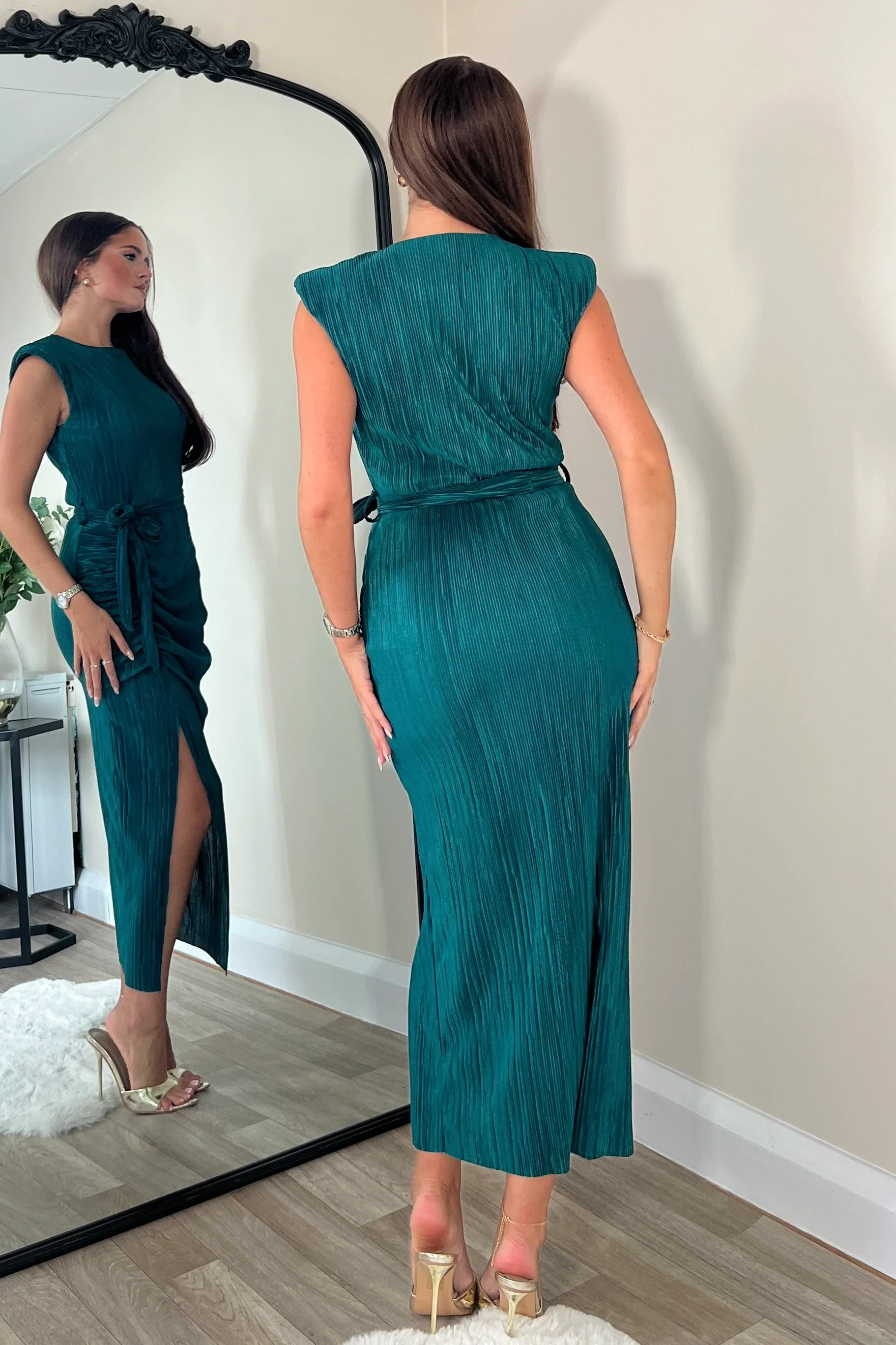 Elena Ruched Seamed Midi Dress (Teal) - Image 4