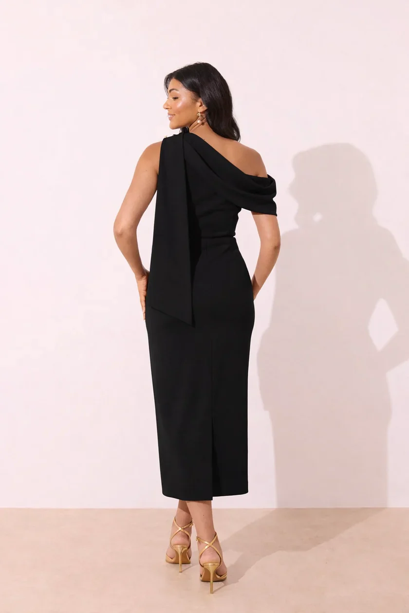 Eleni Drape Midi Dress (Black) - Image 3