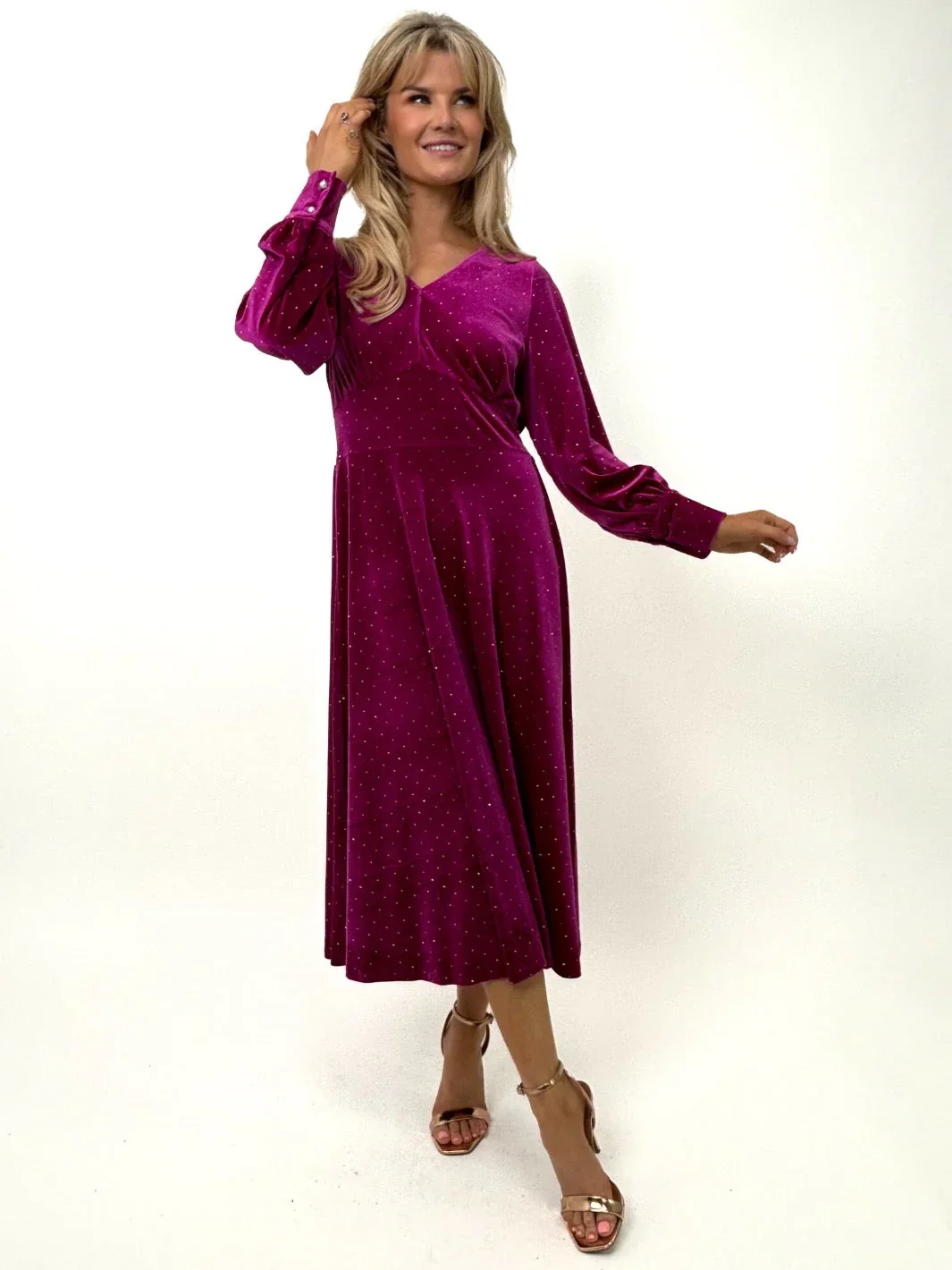 Ellen Velvet Rhinestone Midi Dress (Pink) - Image 3