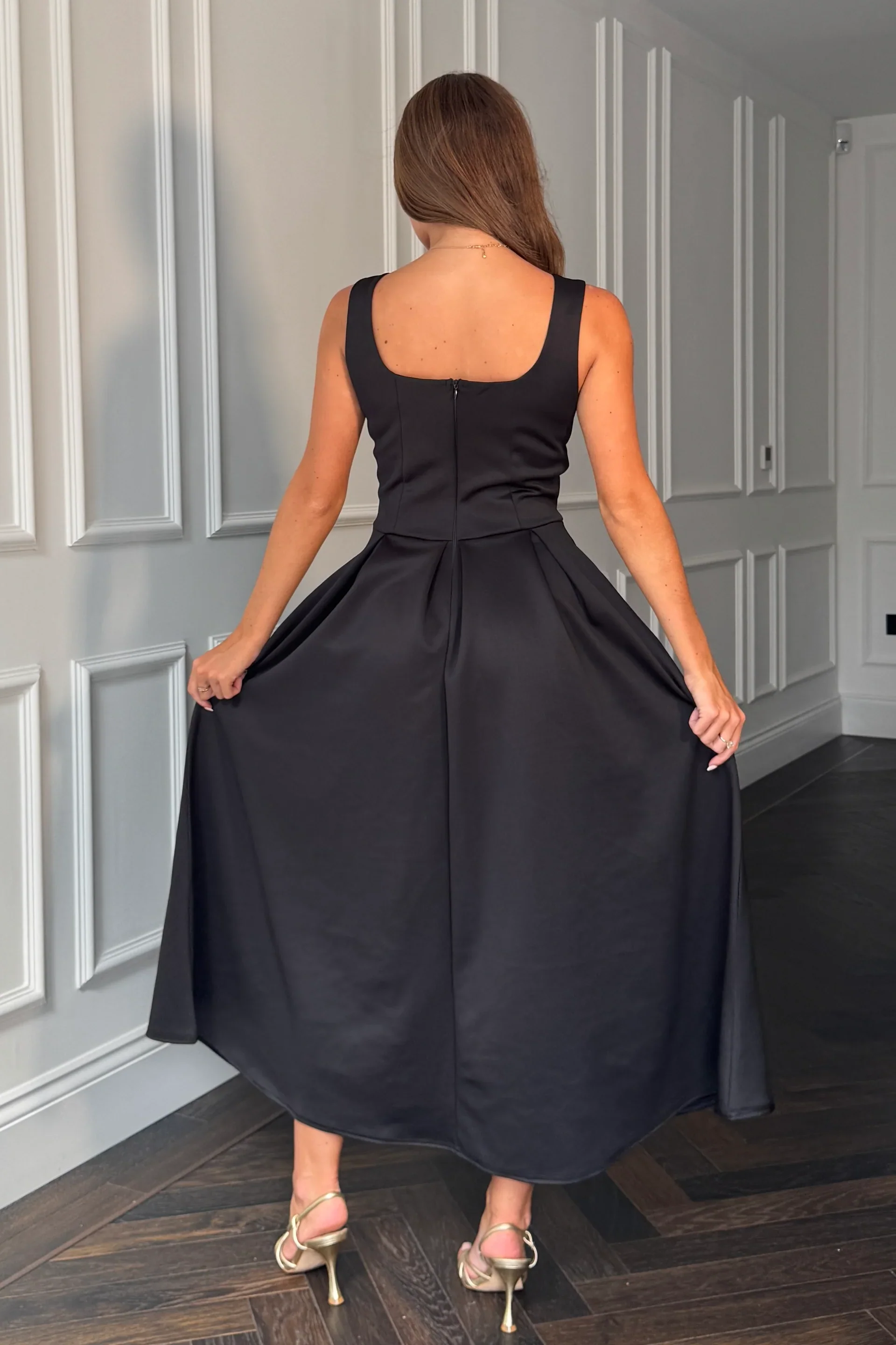 Erica Square Neck Pleated Midi Dress (Black) - Image 6