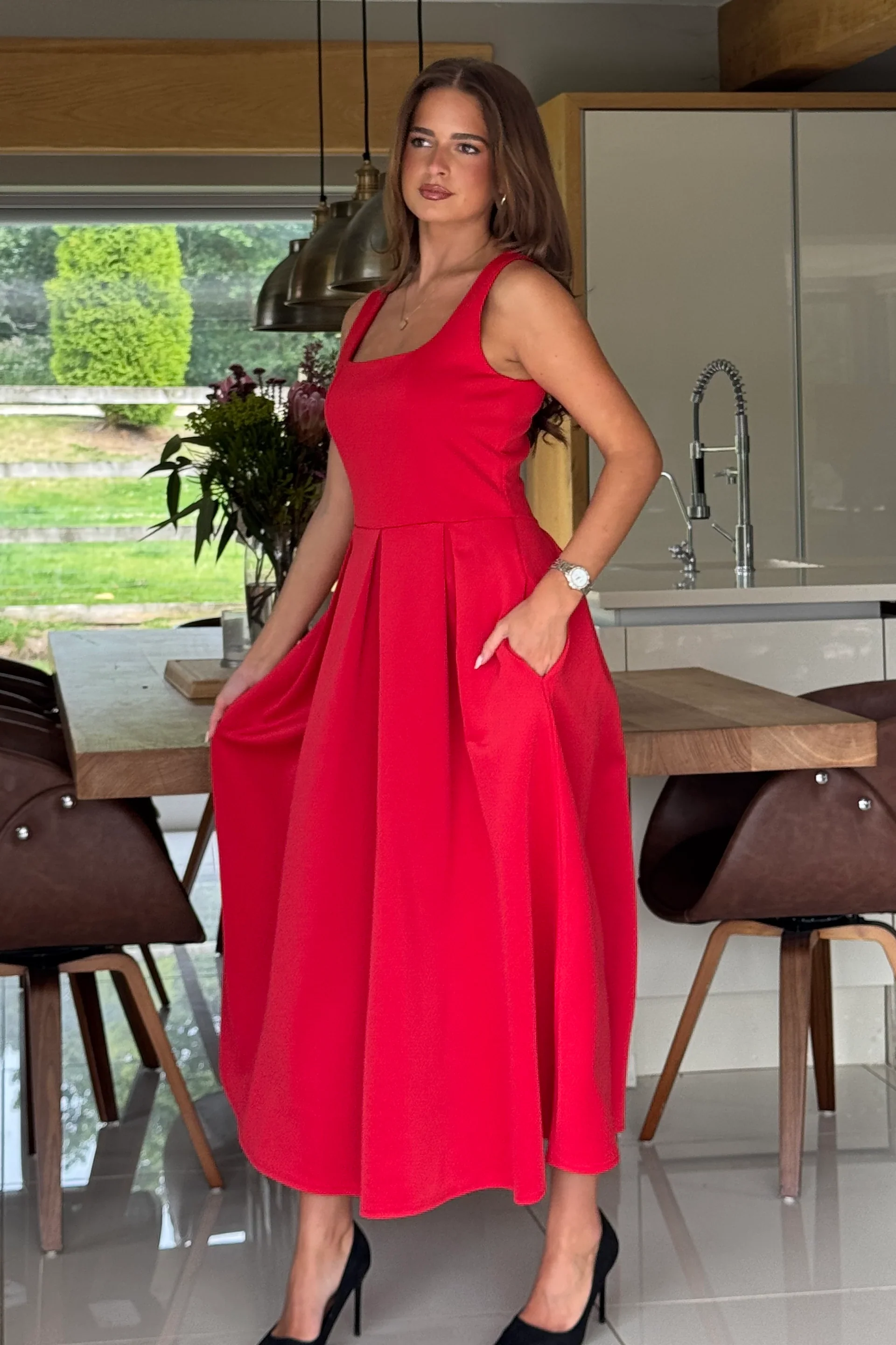 Erica Square Neck Pleated Midi Dress (Red) - Image 2