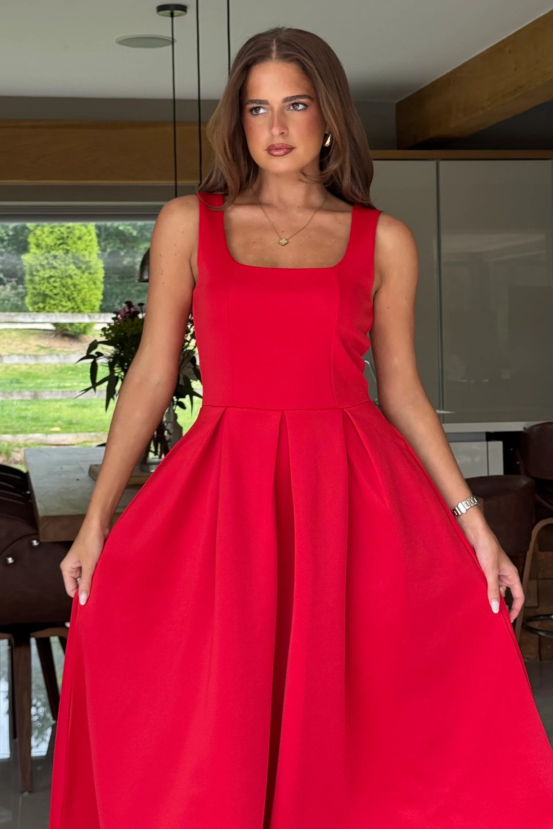 Erica Square Neck Pleated Midi Dress (Red) - Image 5