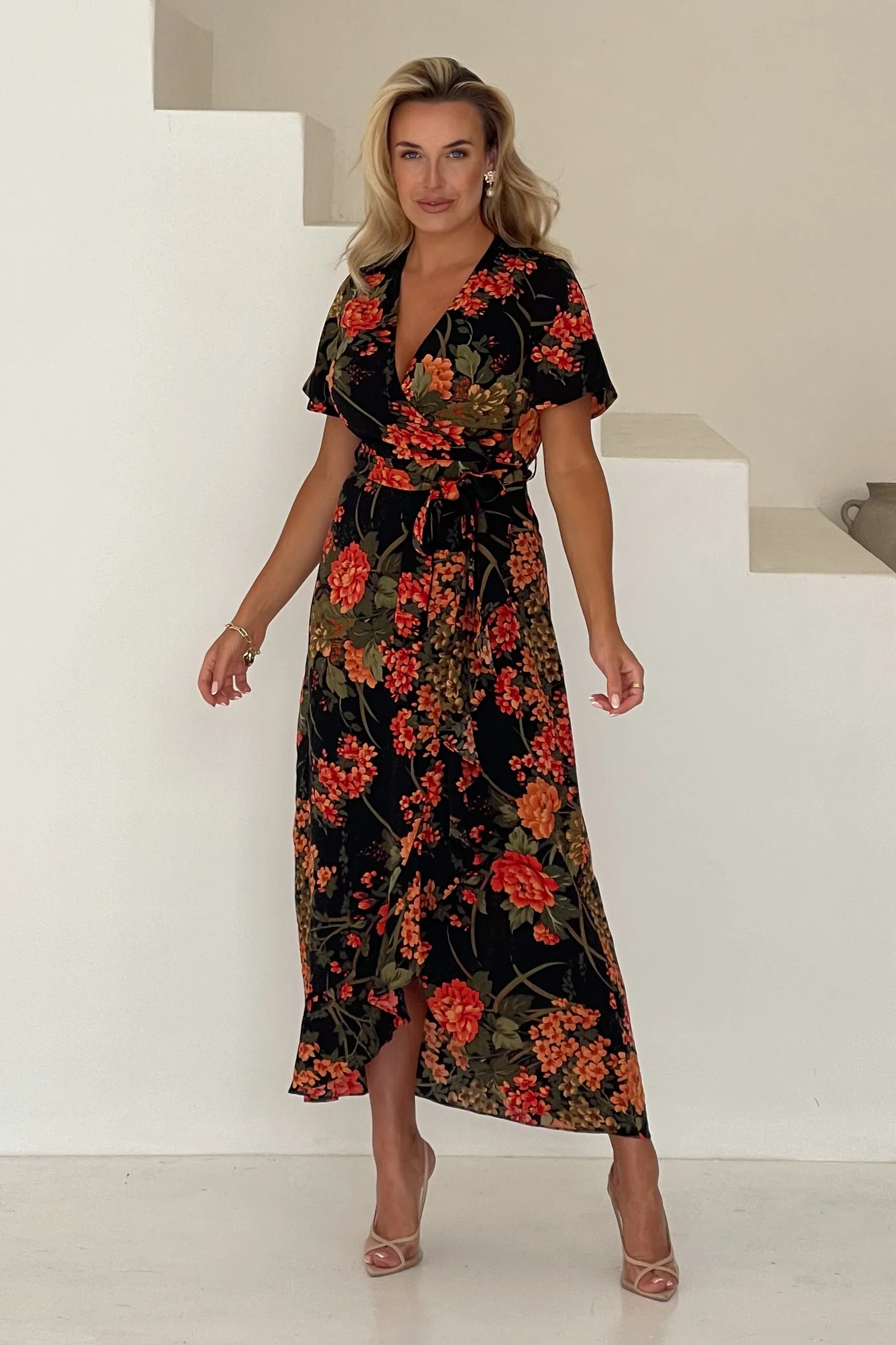 Farrah Split Hem Frill Maxi Dress (Brown Floral) - Image 2