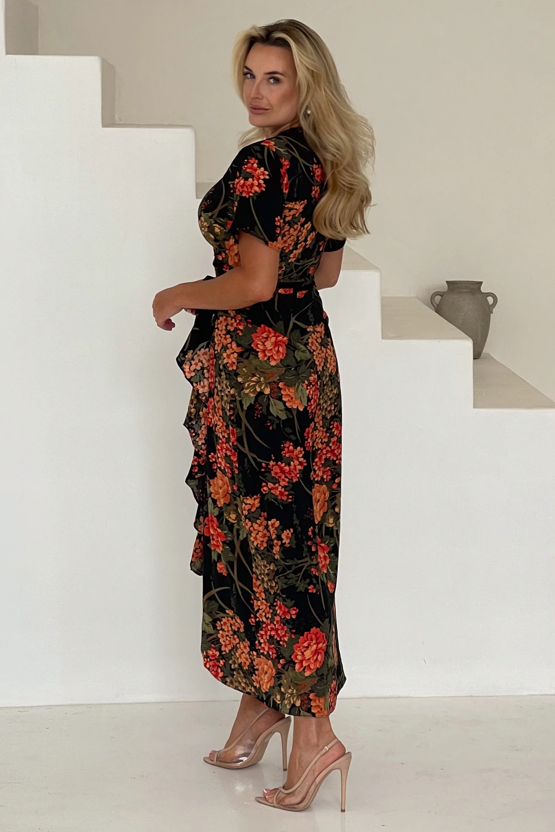 Farrah Split Hem Frill Maxi Dress (Brown Floral) - Image 3