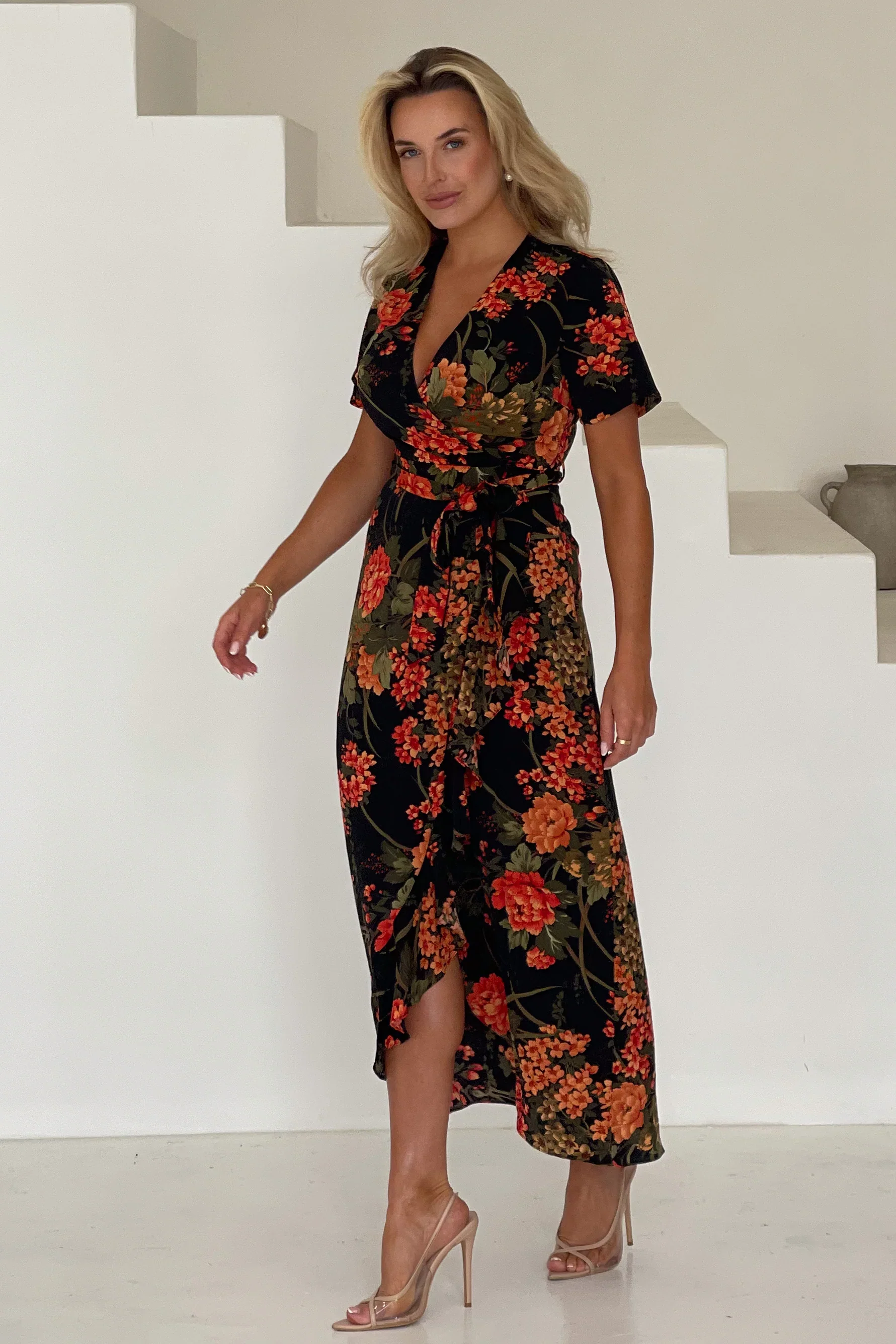 Farrah Split Hem Frill Maxi Dress (Brown Floral) - Image 4