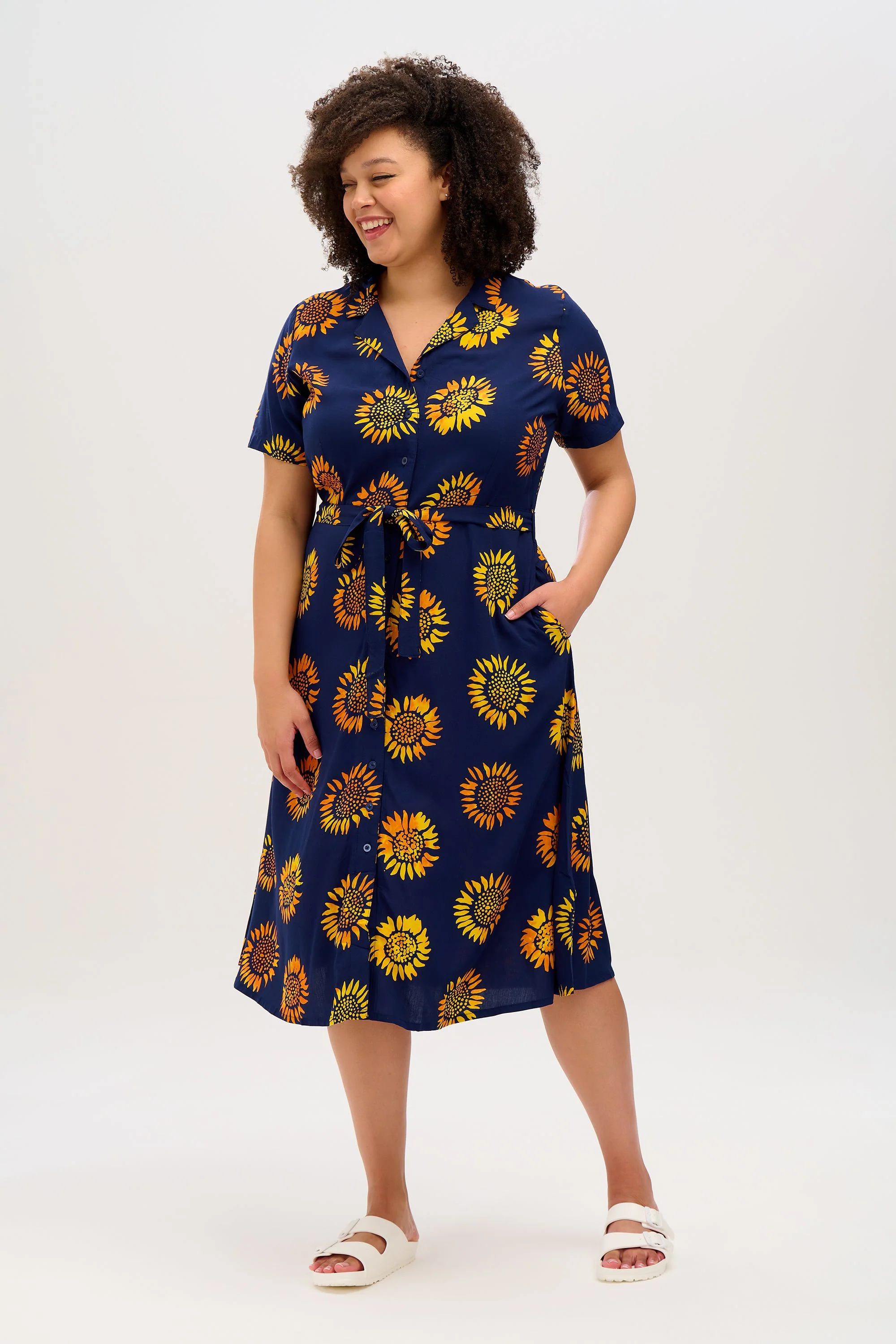 Fiona Batik Midi Shirt Dress (Navy, Sunflowers) - Image 2