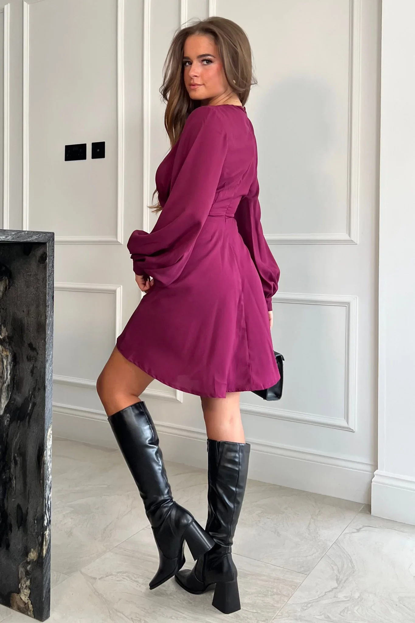Floretta Long Sleeve Bucklet Skater Dress (Berry) - Image 4