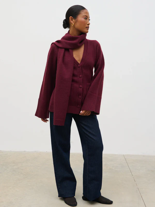 Florie Knit Cardigan with Scarf (Wine) - Image 5