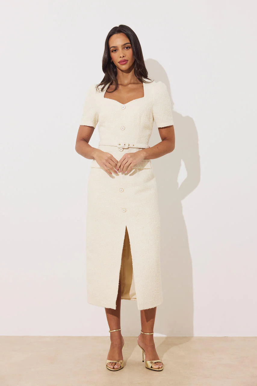 Harriet Tweed Button Detail Midi Dress (Cream)