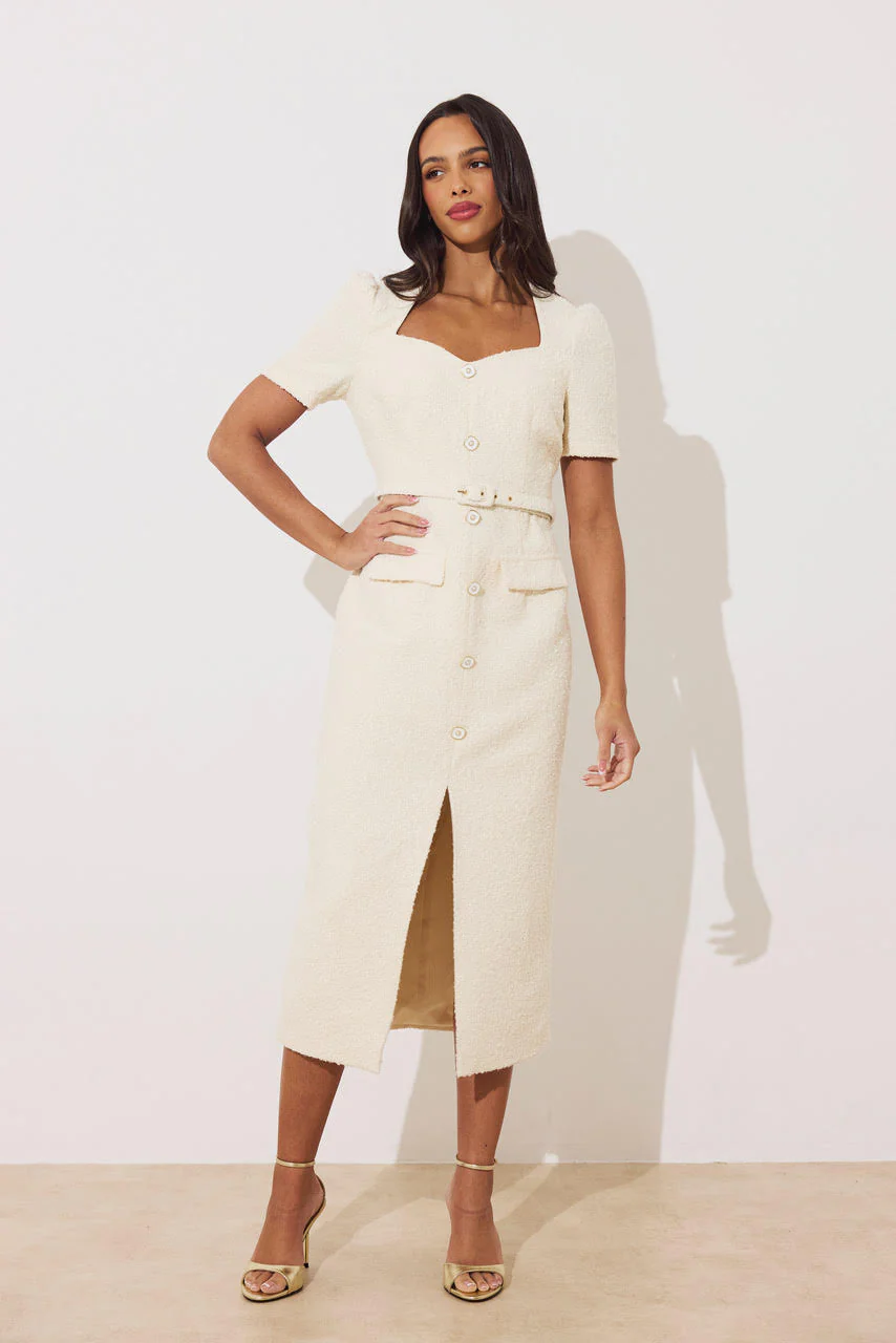 Harriet Tweed Button Detail Midi Dress (Cream) - Image 2