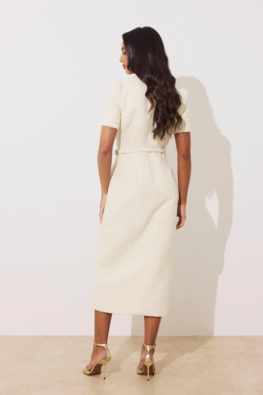 Harriet Tweed Button Detail Midi Dress (Cream) - Image 3
