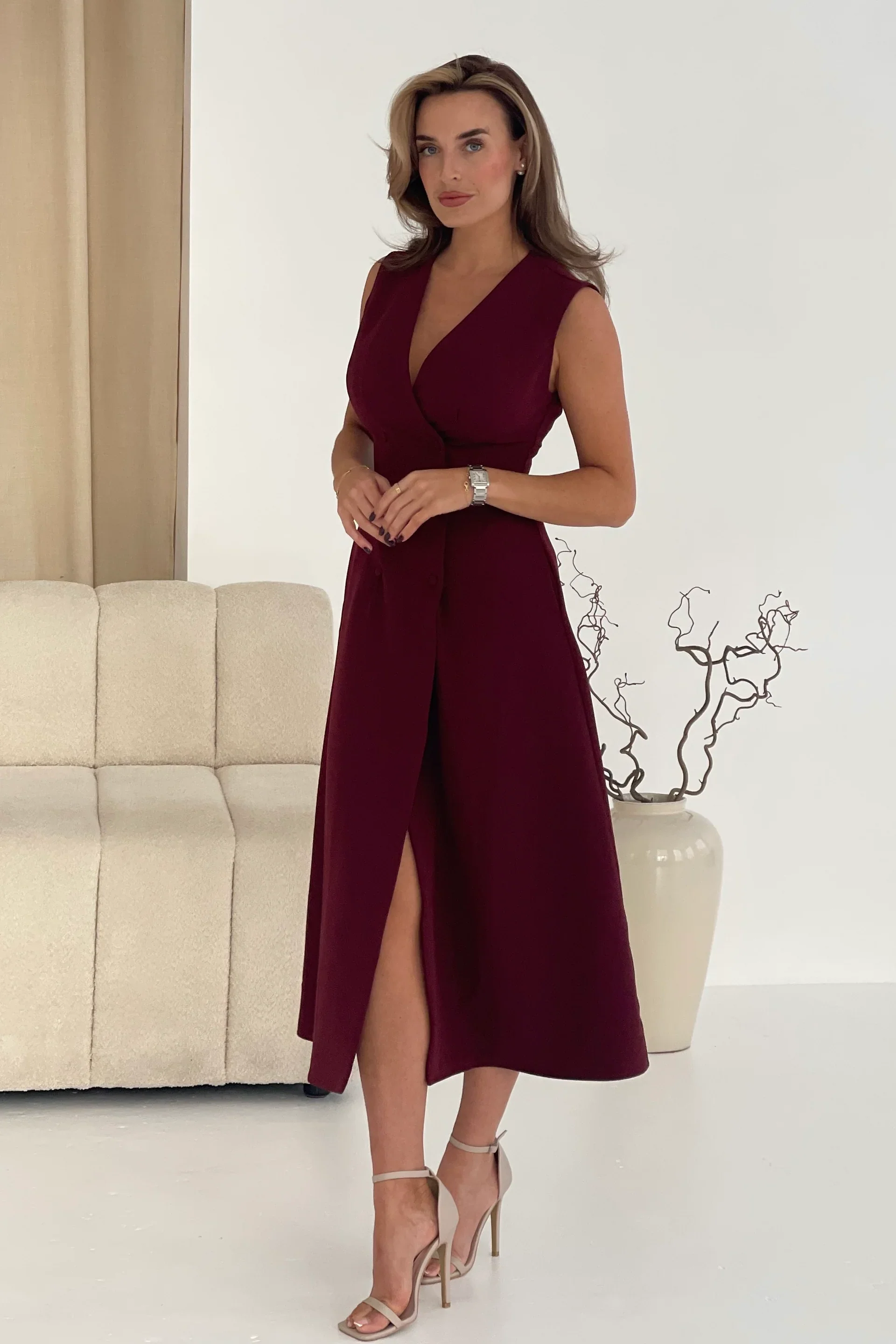 Hazel Tailored Sleeveless Midi Dress (Wine) - Image 3