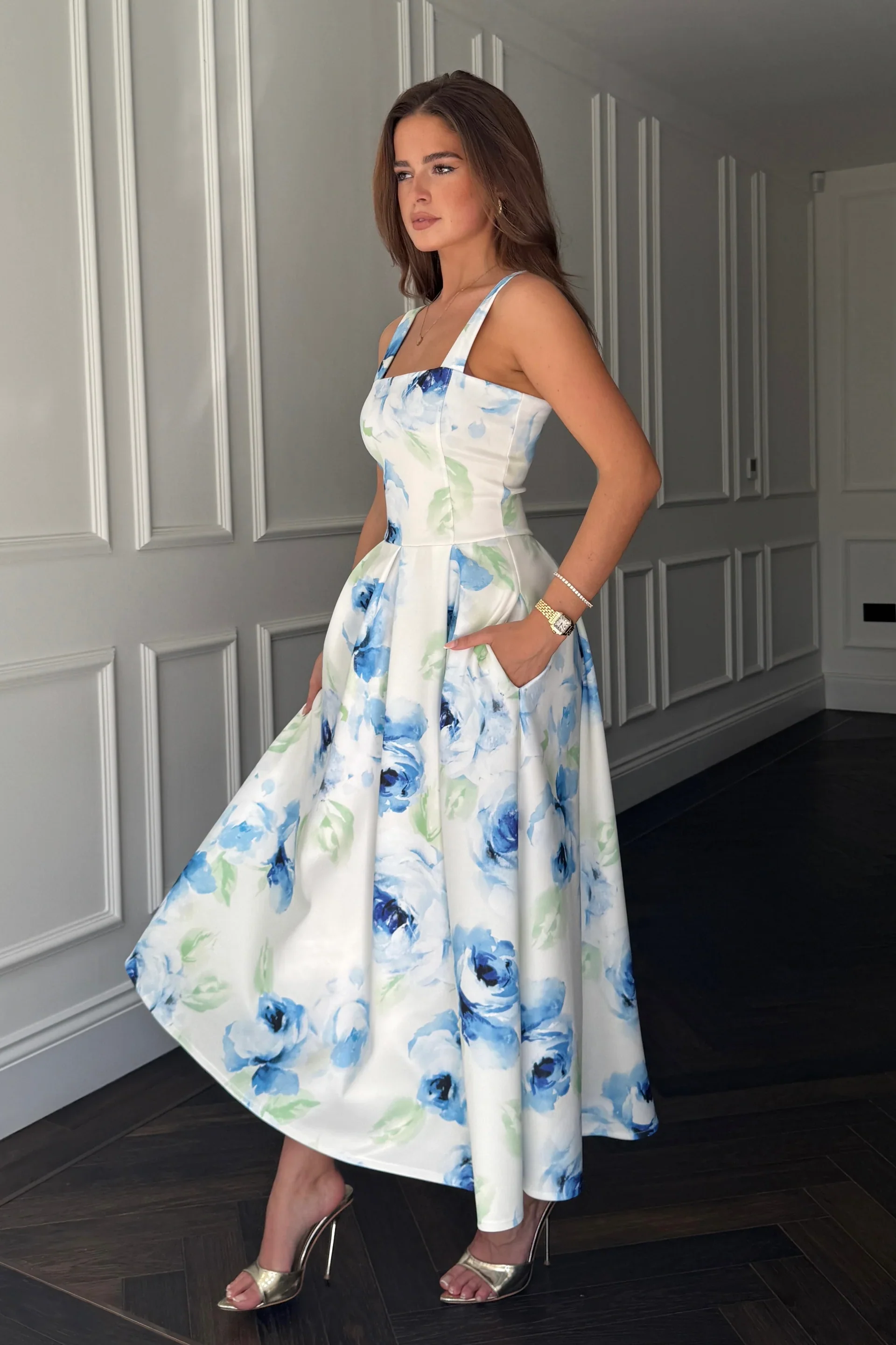 Heather Floral Pleated Skirt Dress (Blue) - Image 4