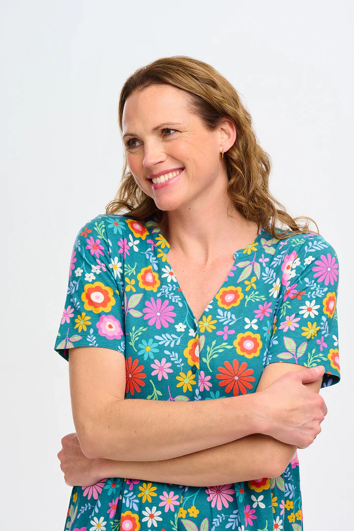 Heather Jersey Midi Smock Dress (Teal Folk Floral) - Image 2